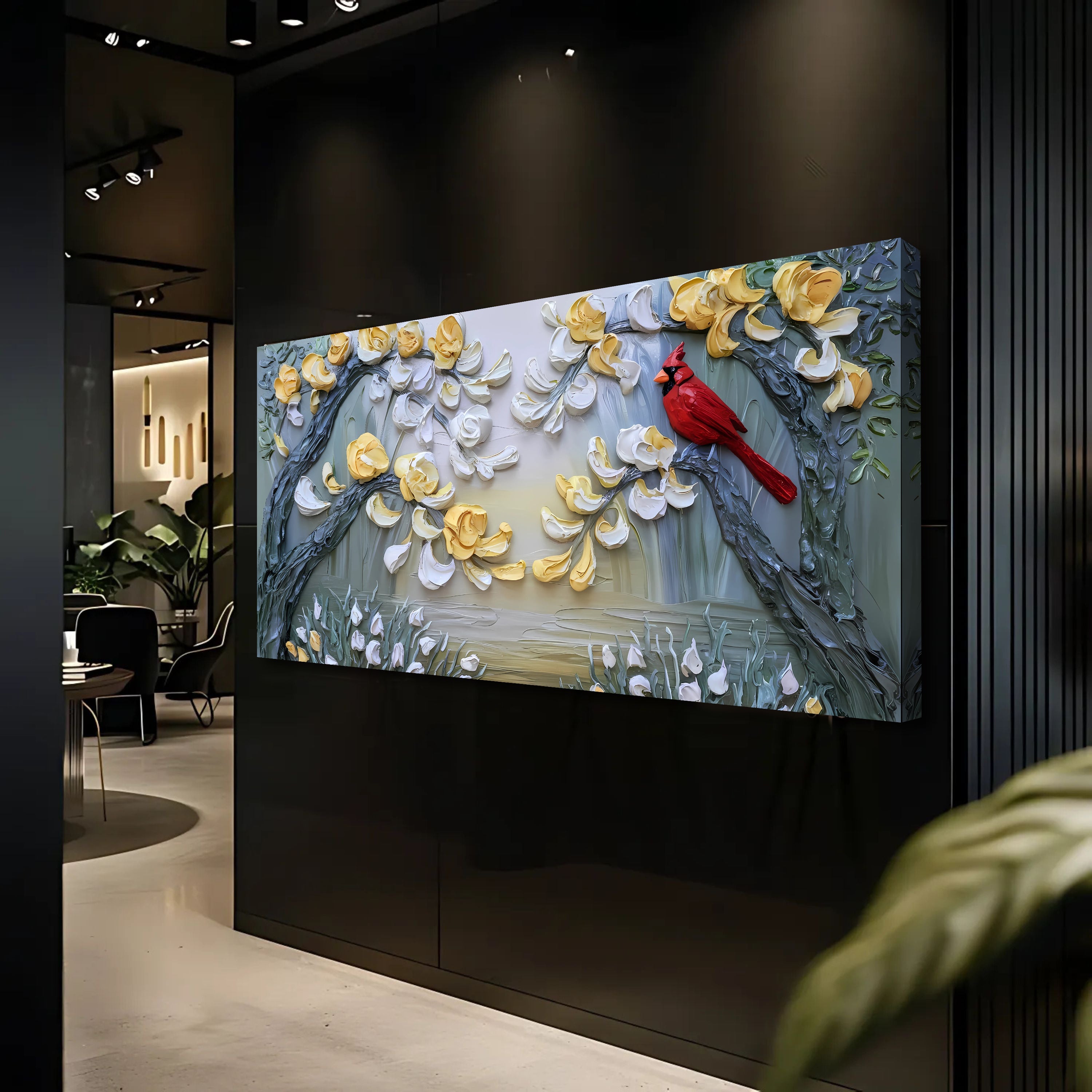 Golden Petals and Scarlet Wings Impasto Wall Art on sale at MyriadMart