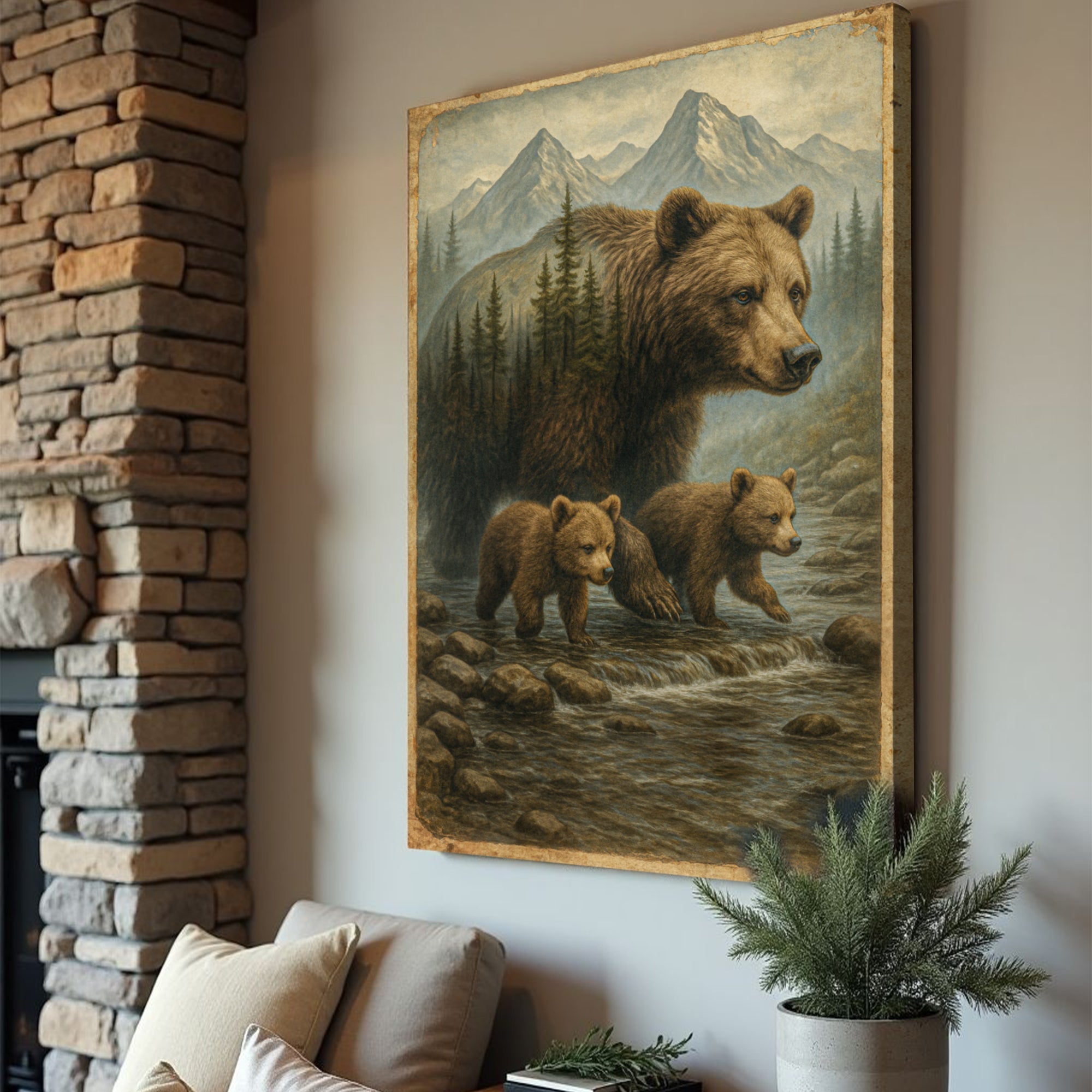 Mother Bear and Cubs Crossing Double Exposure Wall Art on sale at MyriadMart