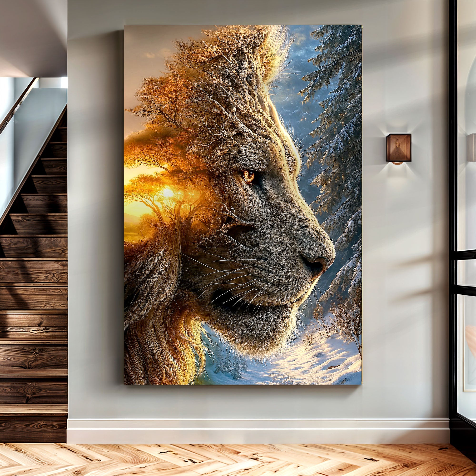 Lion Winter Summer Surrealism Wall Art on sale at MyriadMart