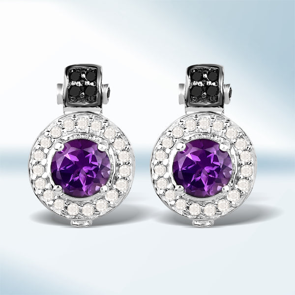 2.29 Carat Genuine Amethyst, Black Diamond and White Diamond .925 Sterling Silver Earrings on sale at MyriadMart