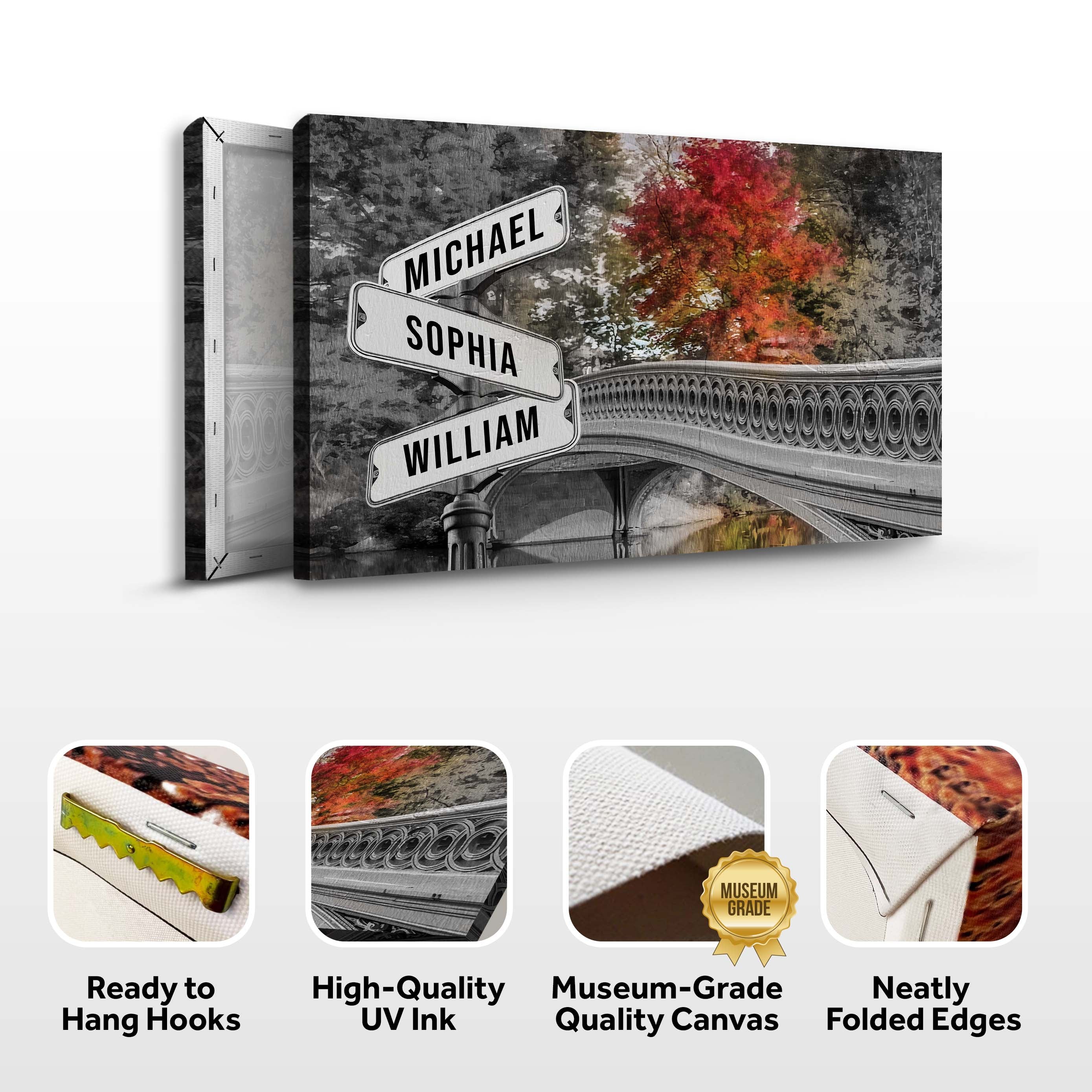 Autumn Bridge Family Names Sign on sale at MyriadMart