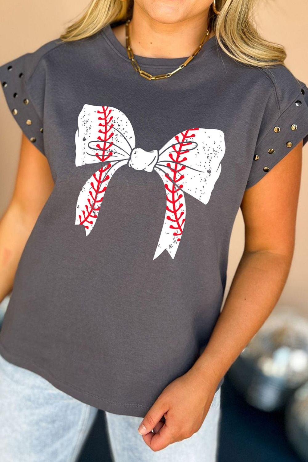 Studded Bow Graphic Round Neck Cap Sleeve T-Shirt