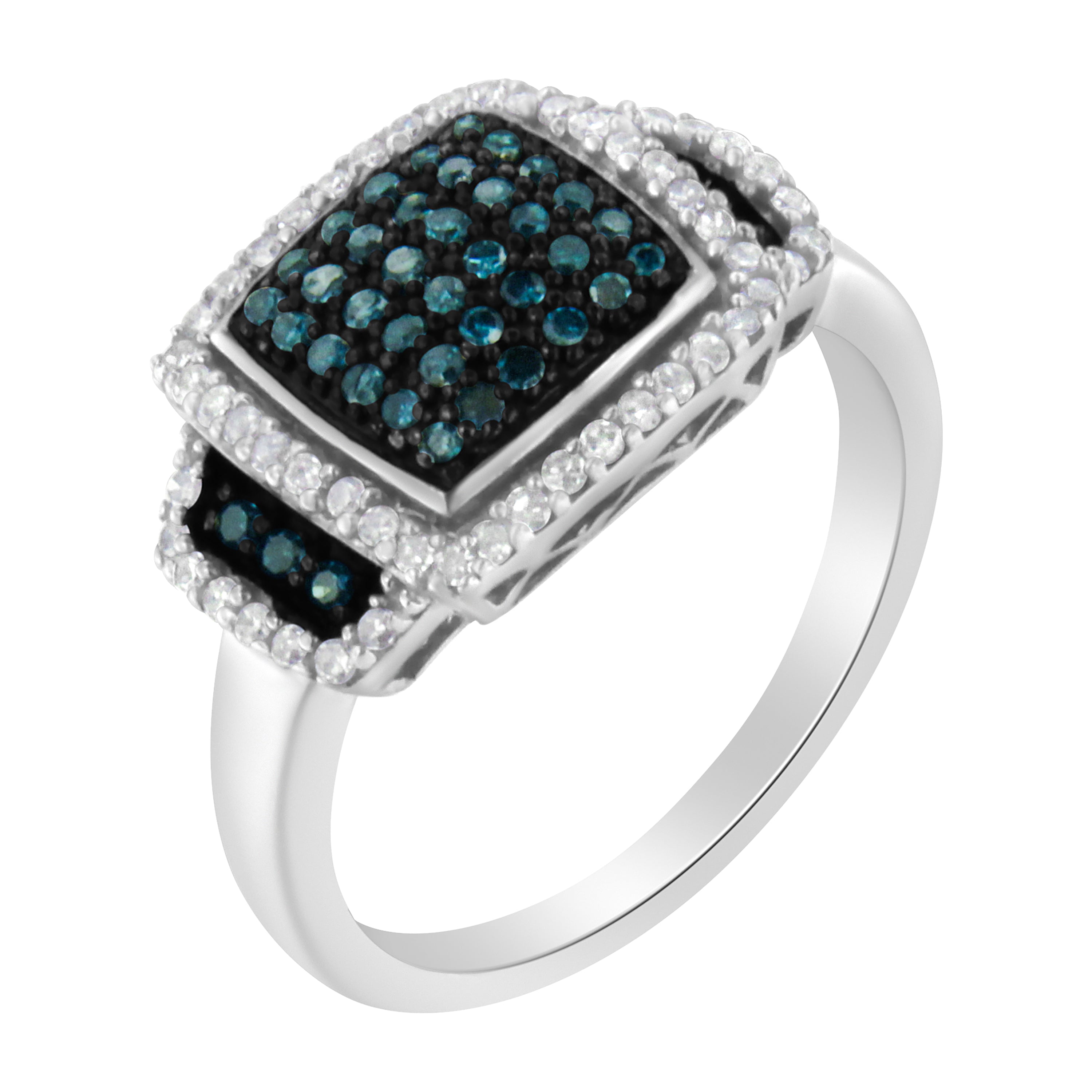 Black Rhodium Plated .925 Sterling Silver 1/2 Cttw White & Blue Diamond Square Halo Cocktail Ring Fancy Blue & H-I Color, I2-I3 Clarity - SIze 6 on sale at MyriadMart