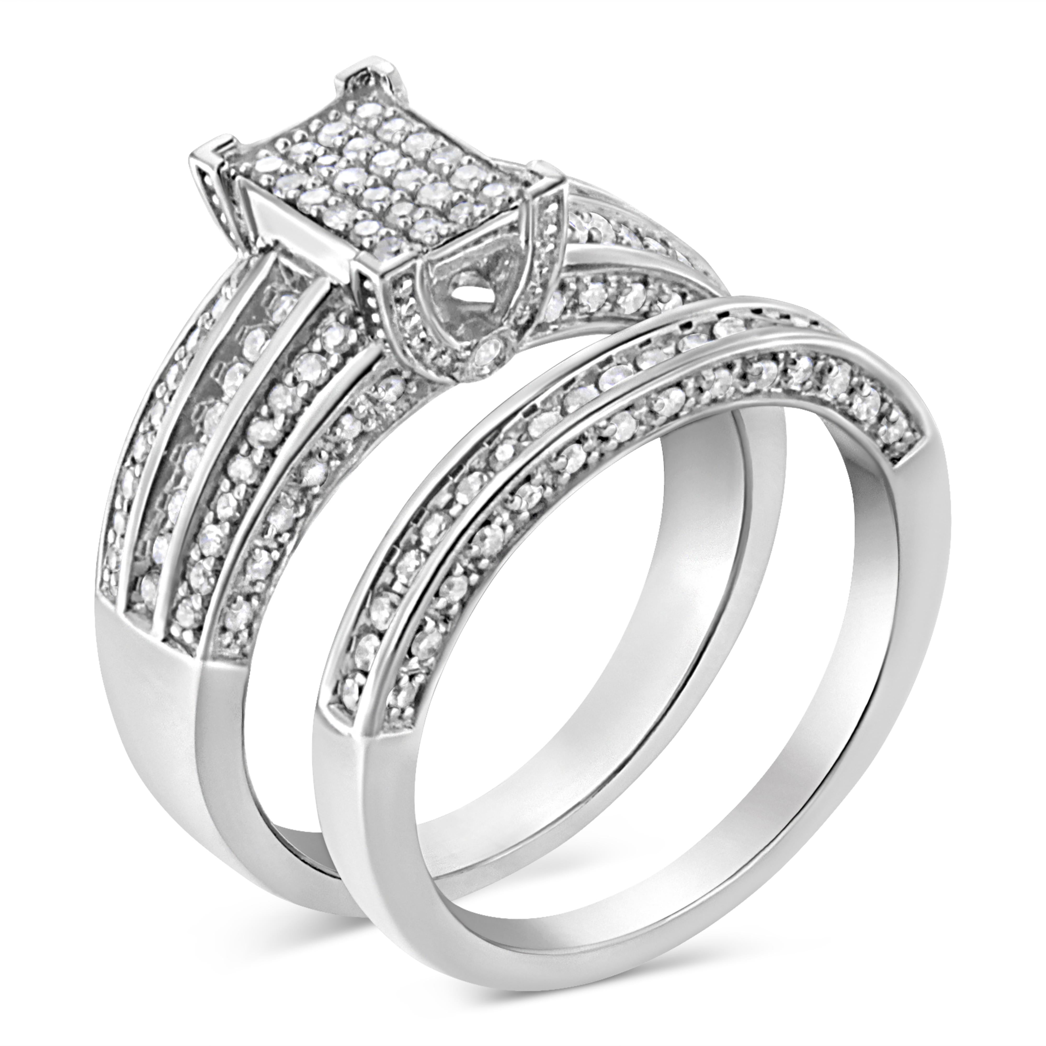 .925 Sterling Silver 3/4 Cttw Prong Set Round Diamond Composite Engagement Ring and Band Set I-J Color, I3 Clarity - Size 6.5 on sale at MyriadMart