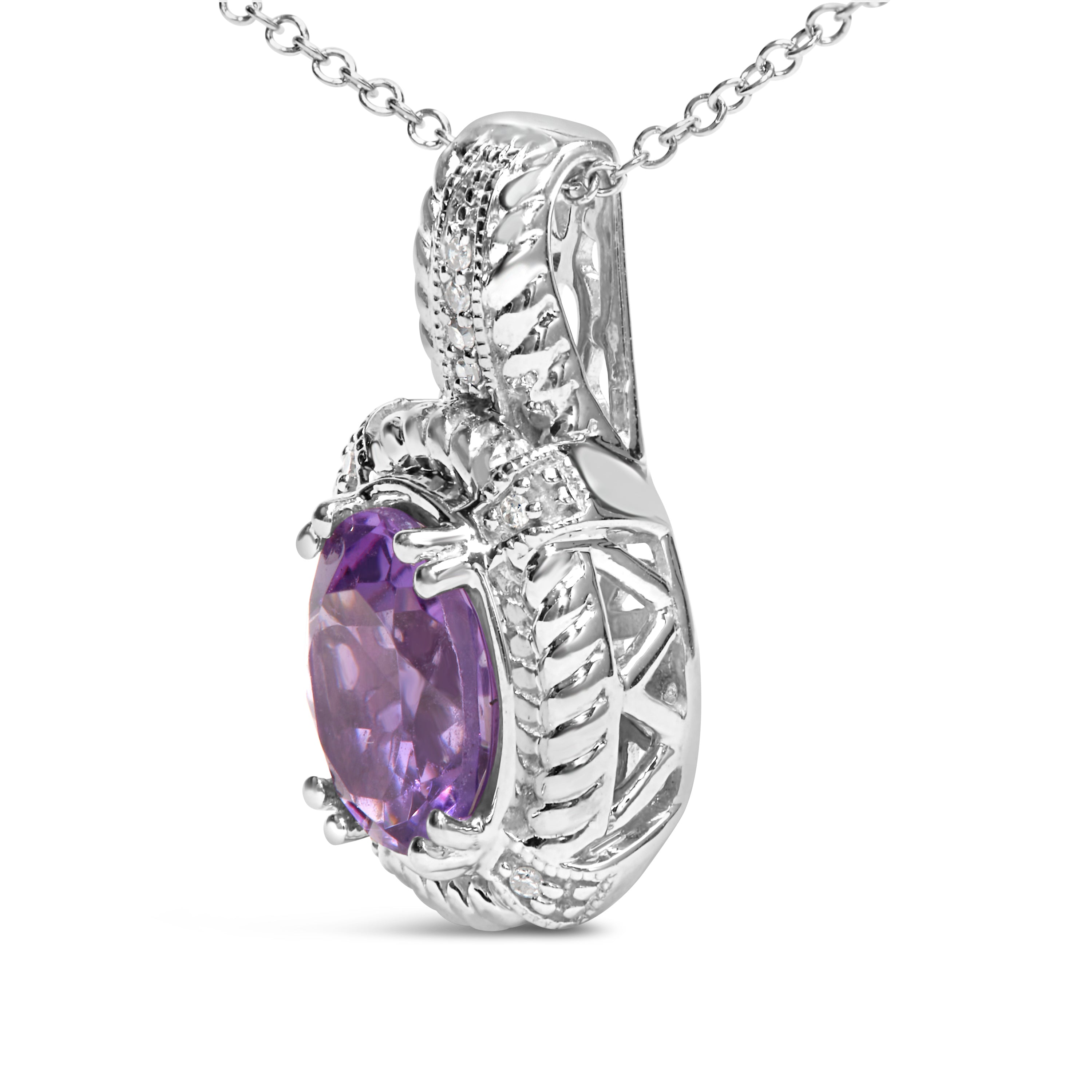 .925 Sterling Silver 9x7mm Oval Purple Amethyst and Round Diamond Accent Fashion Drop Pendant 18 Inch Necklace I-J Color, I1-I2 Clarity on sale at MyriadMart