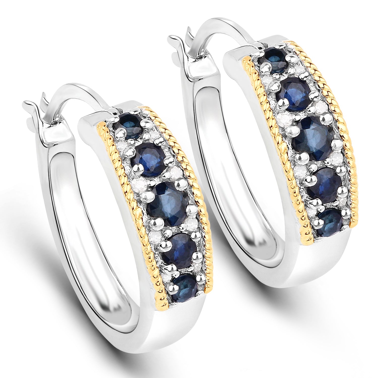 0.70 Carat Genuine Blue Sapphire and White Diamond .925 Sterling Silver with 14K Yellow Gold Earrings on sale at MyriadMart