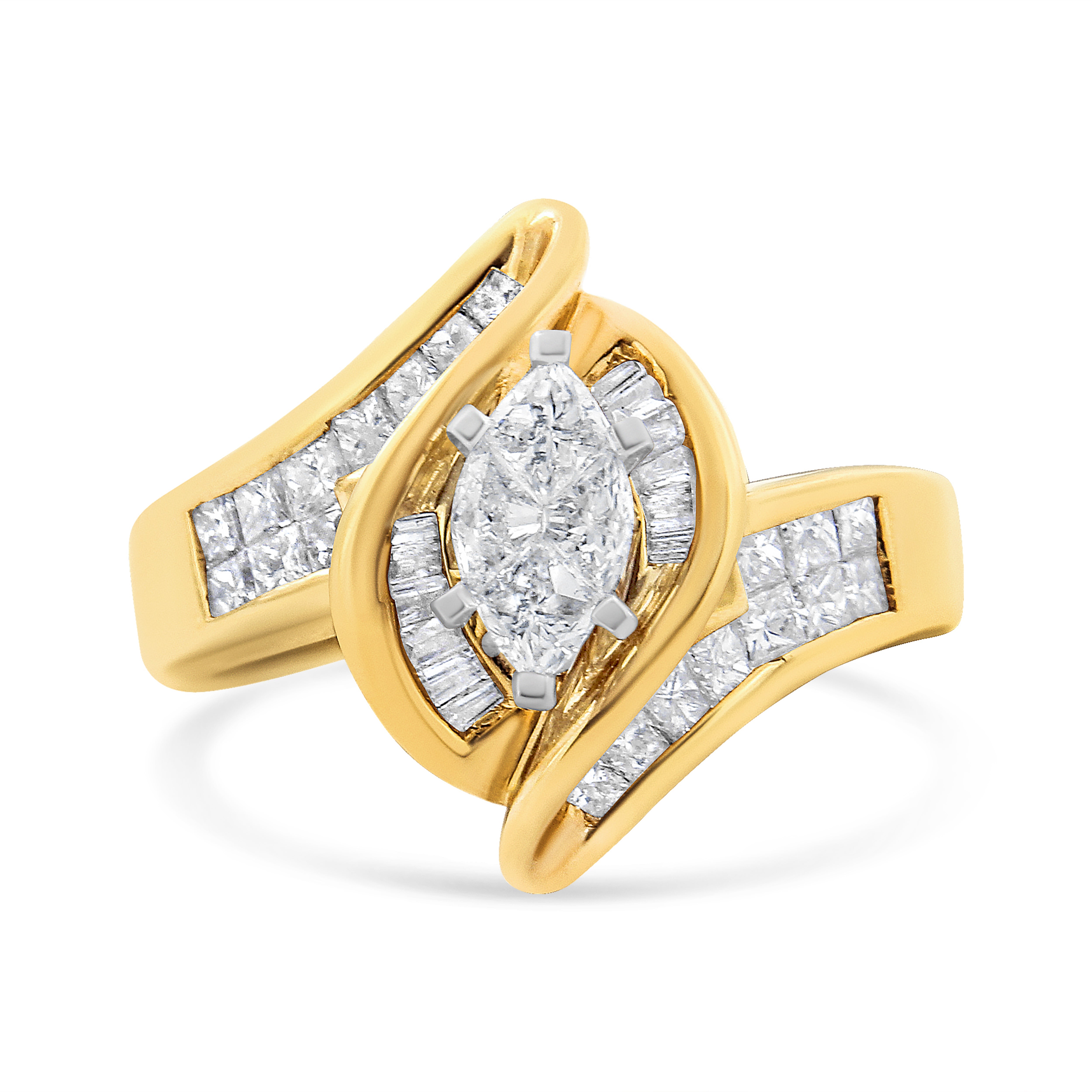 14K Yellow Gold Princess, Baguette, and Pie cut Diamond Marquise Shaped Ring 1 1/4 Cttw, G-H Color, SI1-SI2 Clarity - Size 5-1/2 on sale at MyriadMart