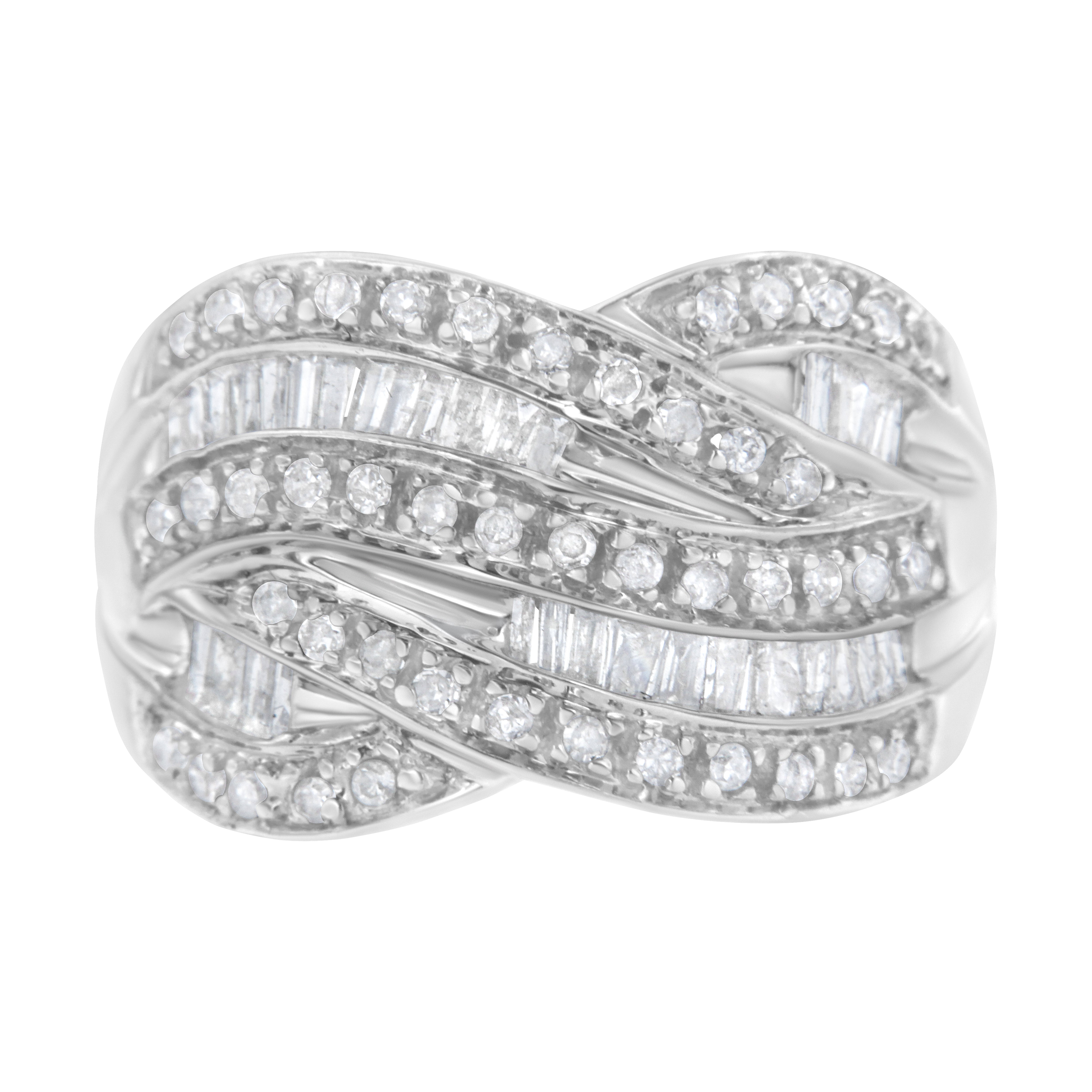 .925 Sterling Silver 1.0 Cttw Channel Set Alternating Round and Baguette Diamond Cross-over Bypass Ring Band I-J Color, I2-I3 Clarity - Size 7 on sale at MyriadMart