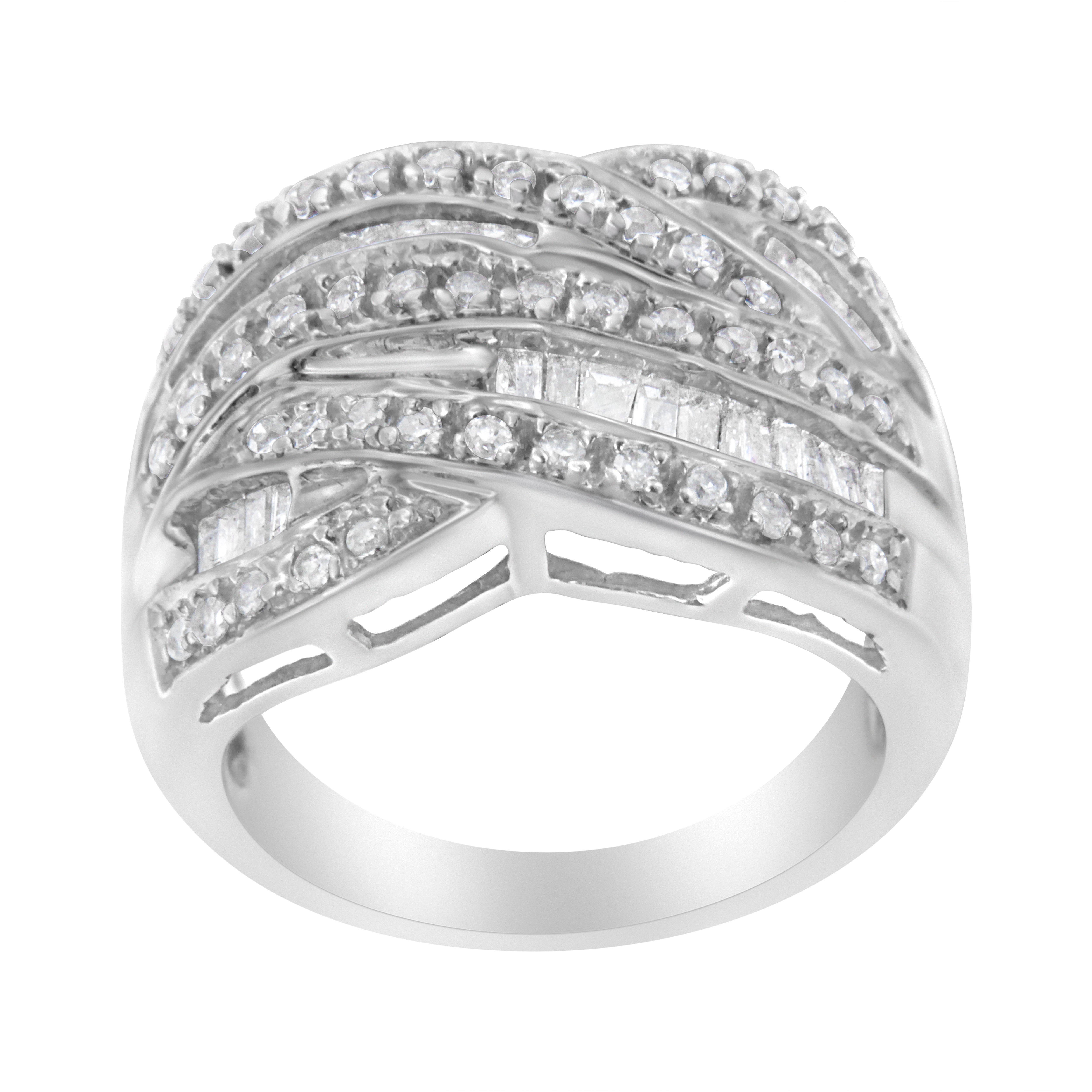 .925 Sterling Silver 1.0 Cttw Channel Set Alternating Round and Baguette Diamond Cross-over Bypass Ring Band I-J Color, I2-I3 Clarity - Size 7 on sale at MyriadMart