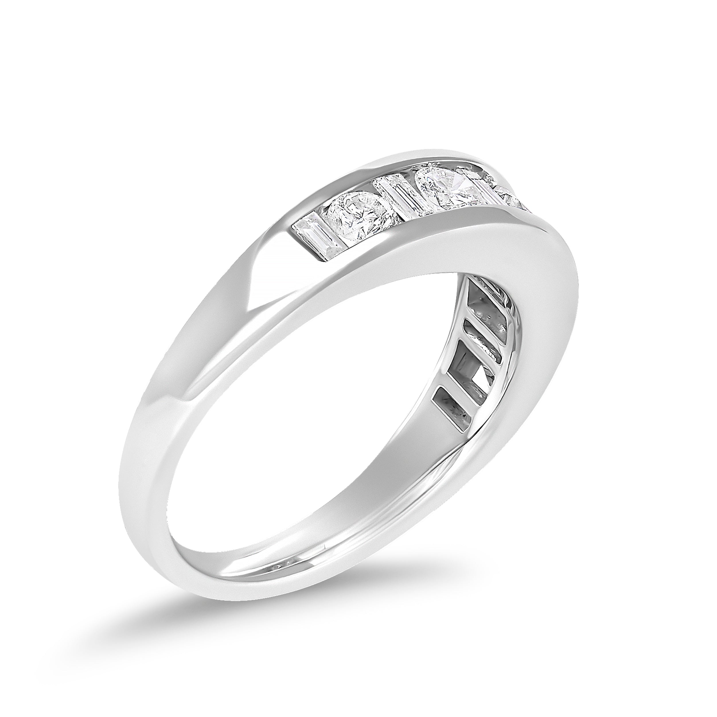 14K White Gold Alternating 1.0 Cttw Round and Baguette Diamond Channel Band Ring on sale at MyriadMart