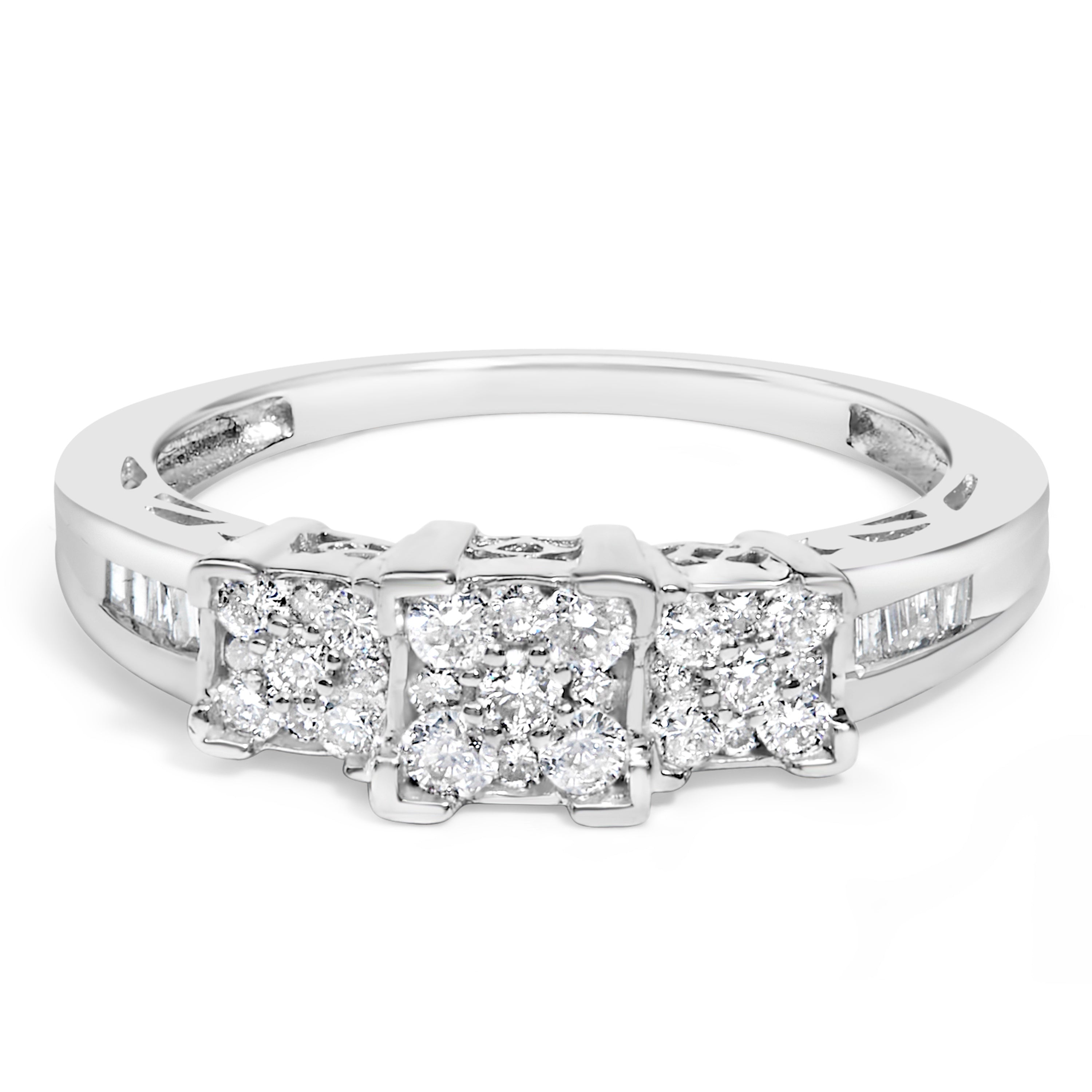 10K White Gold 1/2 Cttw Brilliant & Baguette Cut Diamond 3 Stone Design with 3 Square Clusters Engagement Ring H-I Color, SI2-I1 Clarity - Size 6-3/4 on sale at MyriadMart