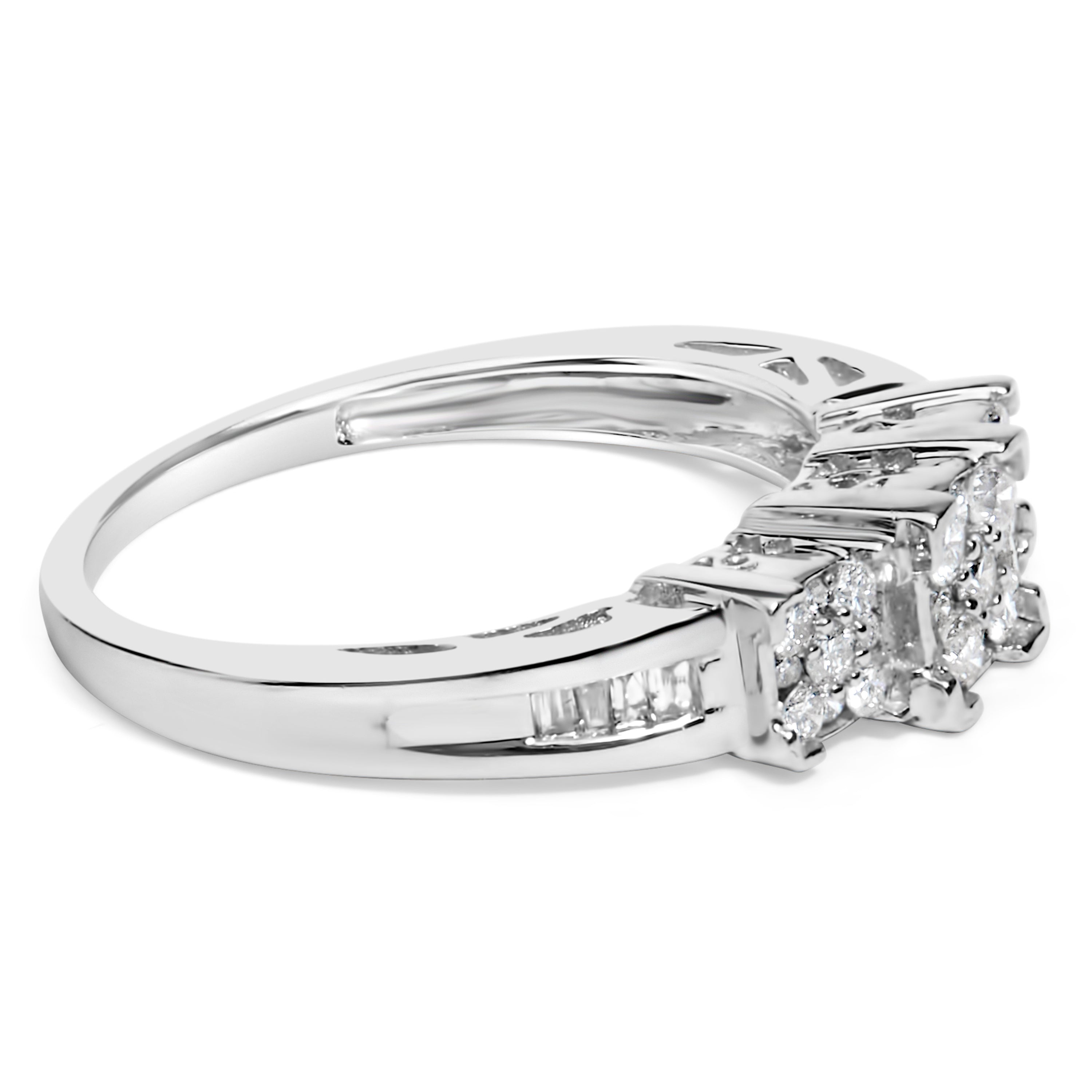 10K White Gold 1/2 Cttw Brilliant & Baguette Cut Diamond 3 Stone Design with 3 Square Clusters Engagement Ring H-I Color, SI2-I1 Clarity - Size 6-3/4 on sale at MyriadMart