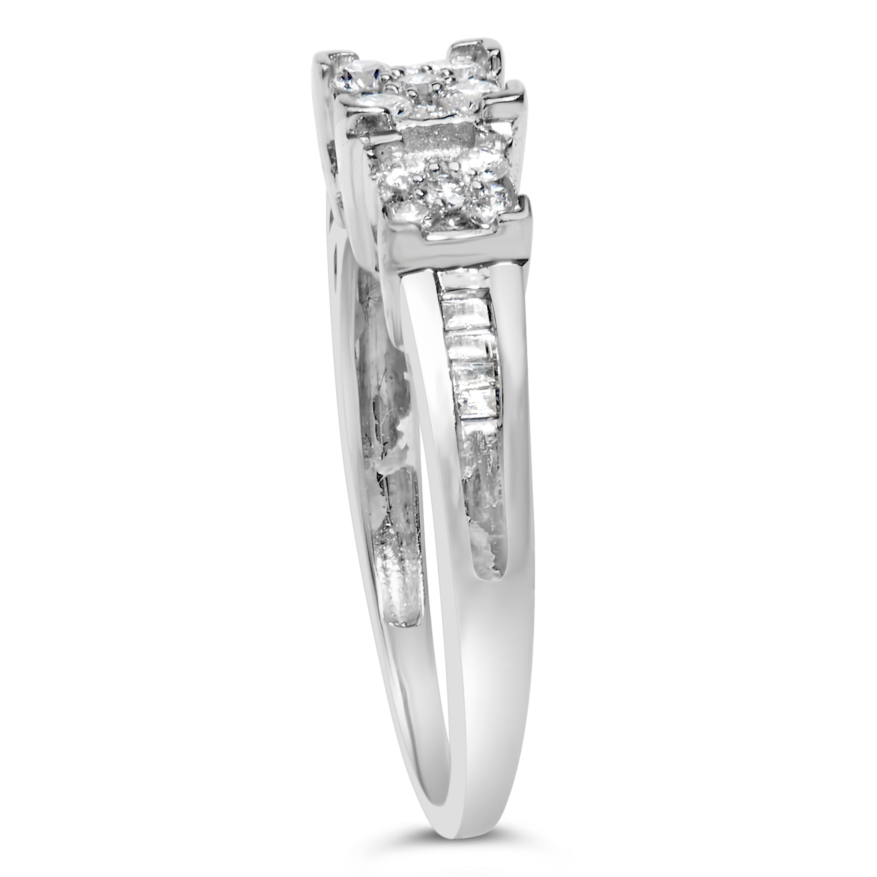 10K White Gold 1/2 Cttw Brilliant & Baguette Cut Diamond 3 Stone Design with 3 Square Clusters Engagement Ring H-I Color, SI2-I1 Clarity - Size 6-3/4 on sale at MyriadMart
