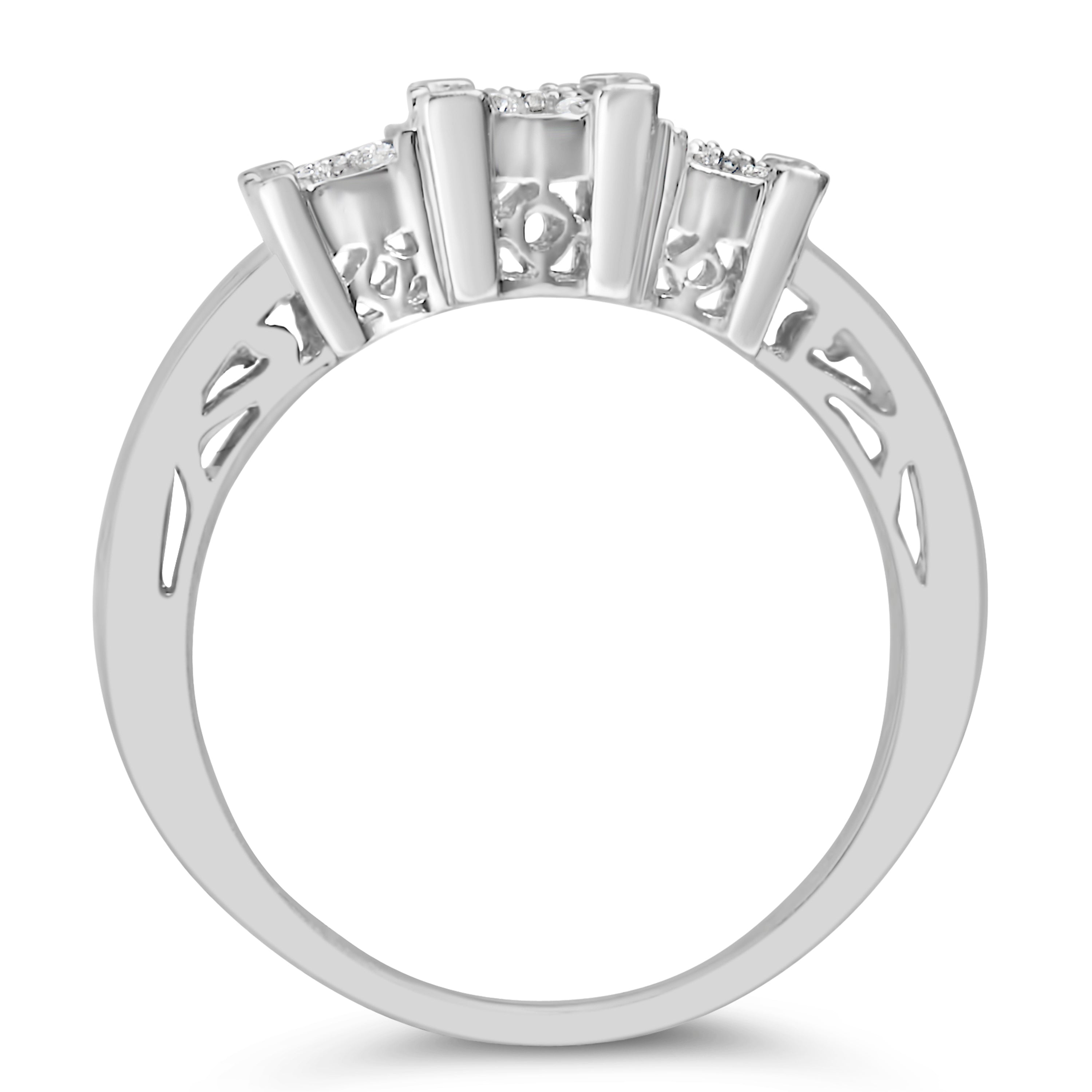 10K White Gold 1/2 Cttw Brilliant & Baguette Cut Diamond 3 Stone Design with 3 Square Clusters Engagement Ring H-I Color, SI2-I1 Clarity - Size 6-3/4 on sale at MyriadMart