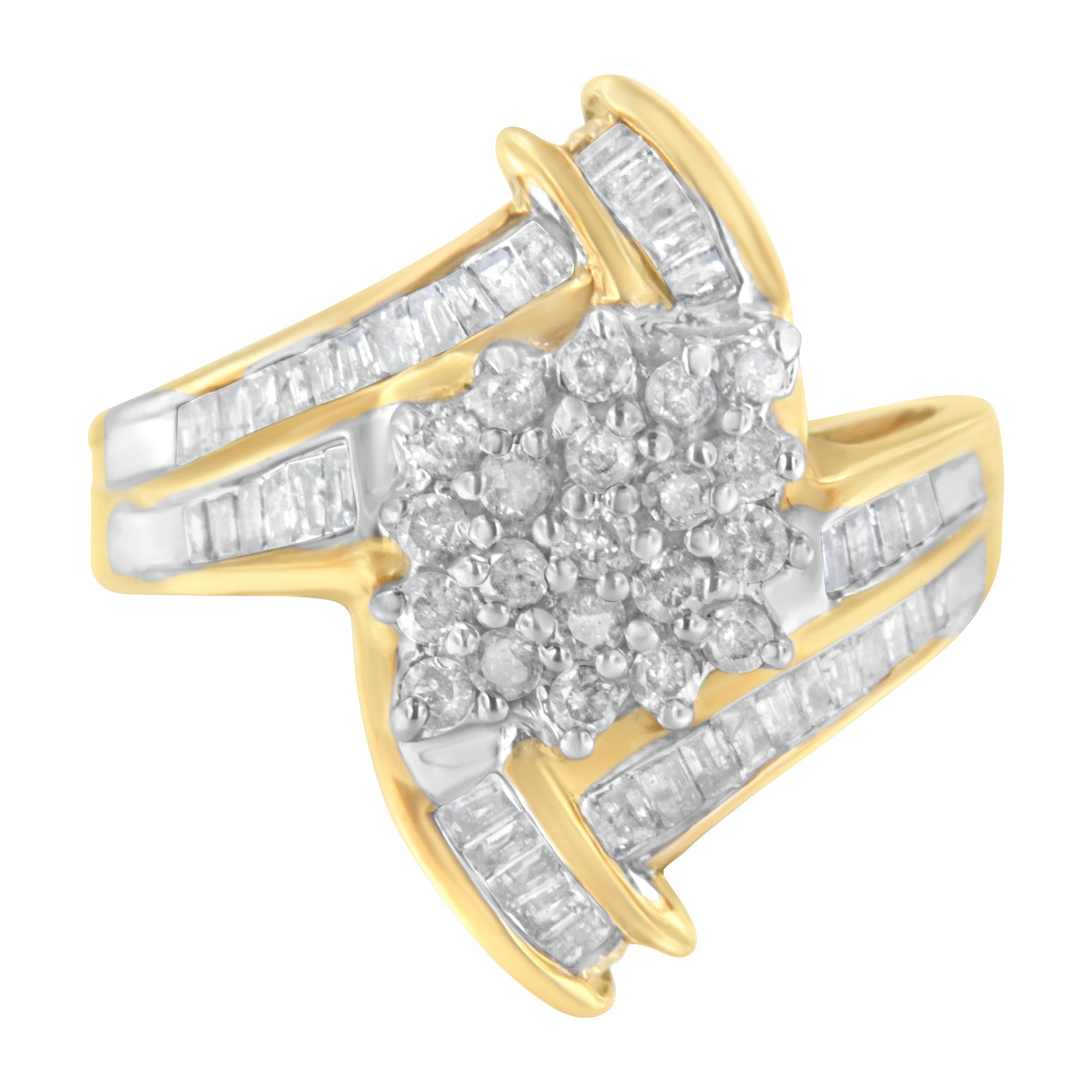 10K Yellow Gold Round and Baguette-Cut Diamond Bypass Cluster Ring 1.0 Cttw, I-J Color, I1-I2 Clarity - Size 8 on sale at MyriadMart