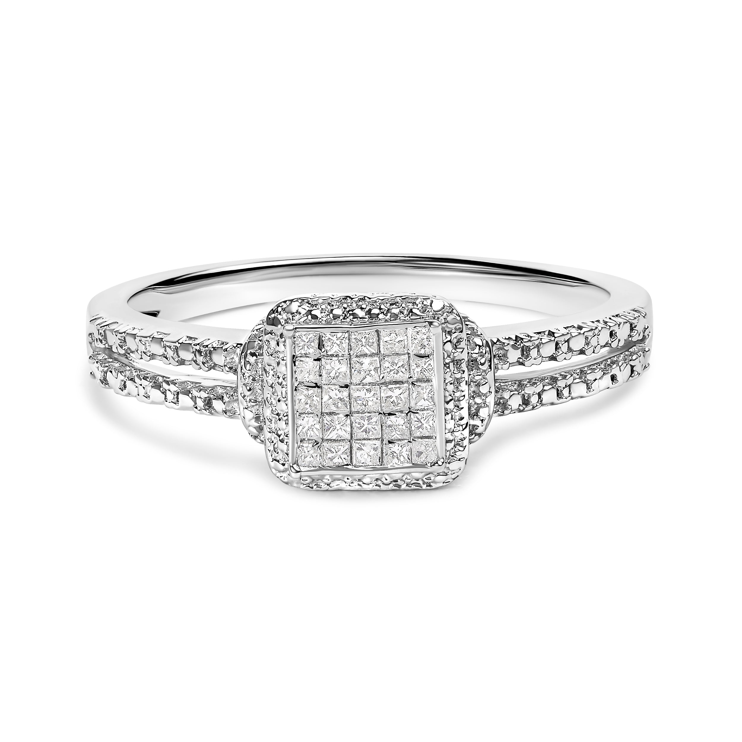.925 Sterling Silver 1/4 Cttw Princess-cut Diamond Composite Ring with Beaded Halo H-I Color, SI1-SI2 Clarity - Size 7 on sale at MyriadMart