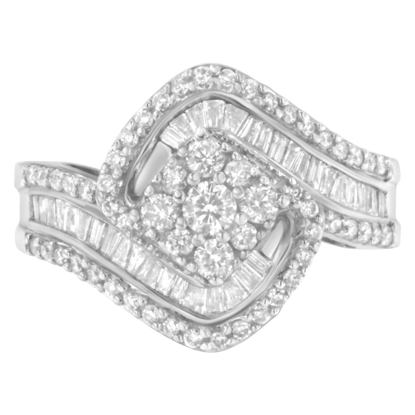 14K White Gold 1 Cttw Baguette and Round Diamond Floral Swirl Cluster Cocktail Ring on sale at MyriadMart