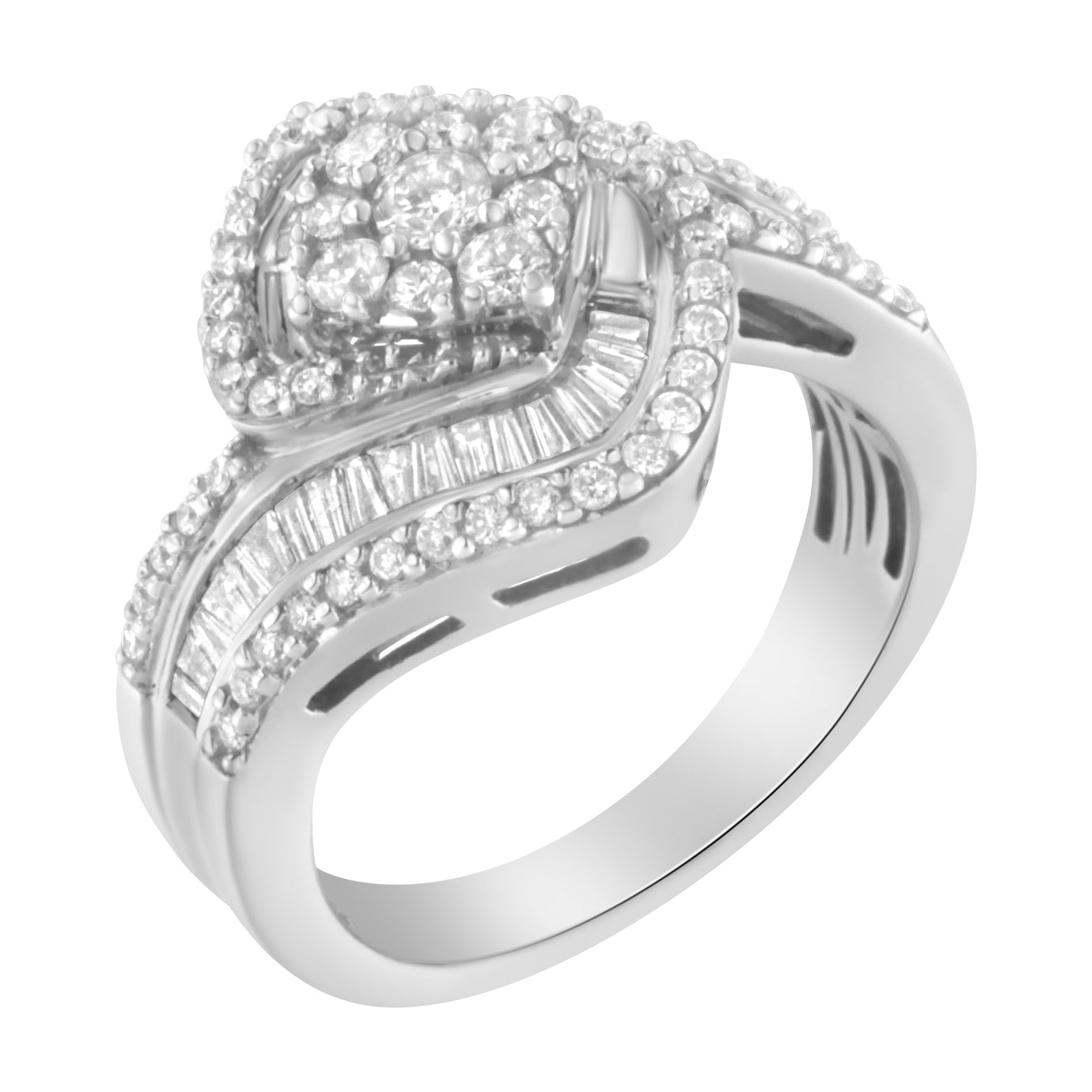 14K White Gold 1 Cttw Baguette and Round Diamond Floral Swirl Cluster Cocktail Ring on sale at MyriadMart