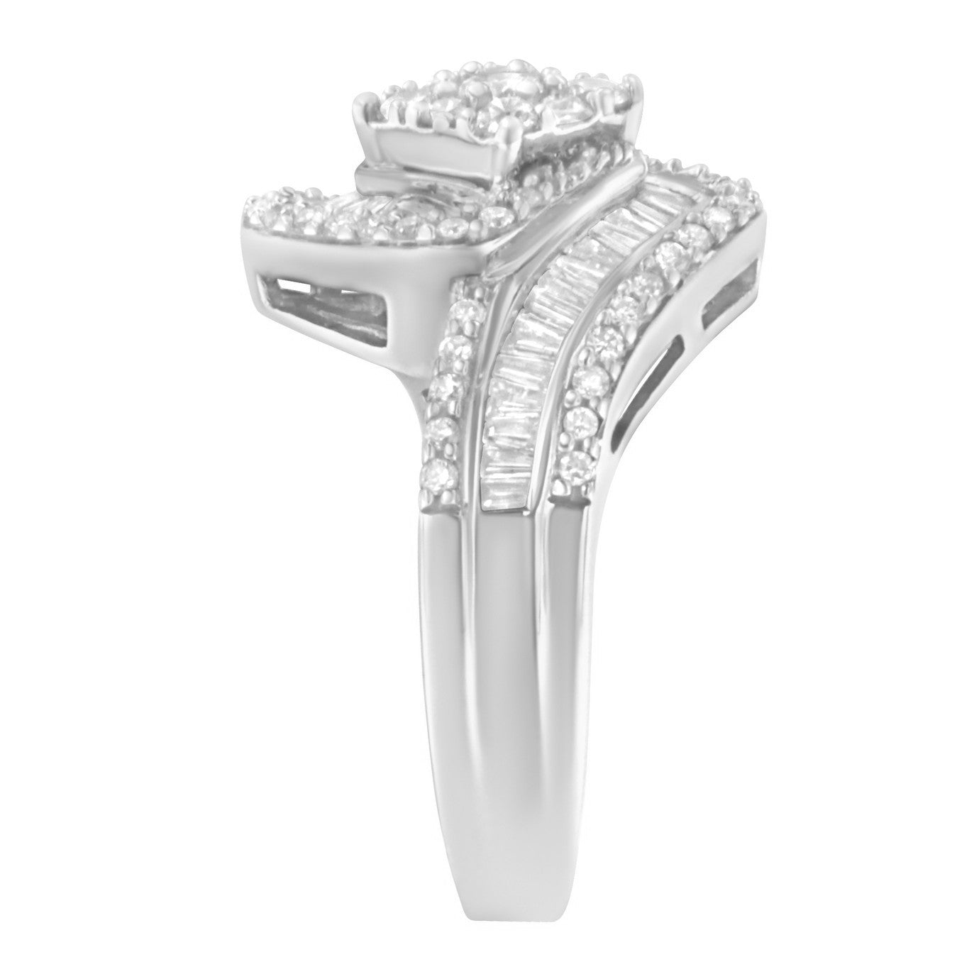 14K White Gold 1 Cttw Baguette and Round Diamond Floral Swirl Cluster Cocktail Ring on sale at MyriadMart