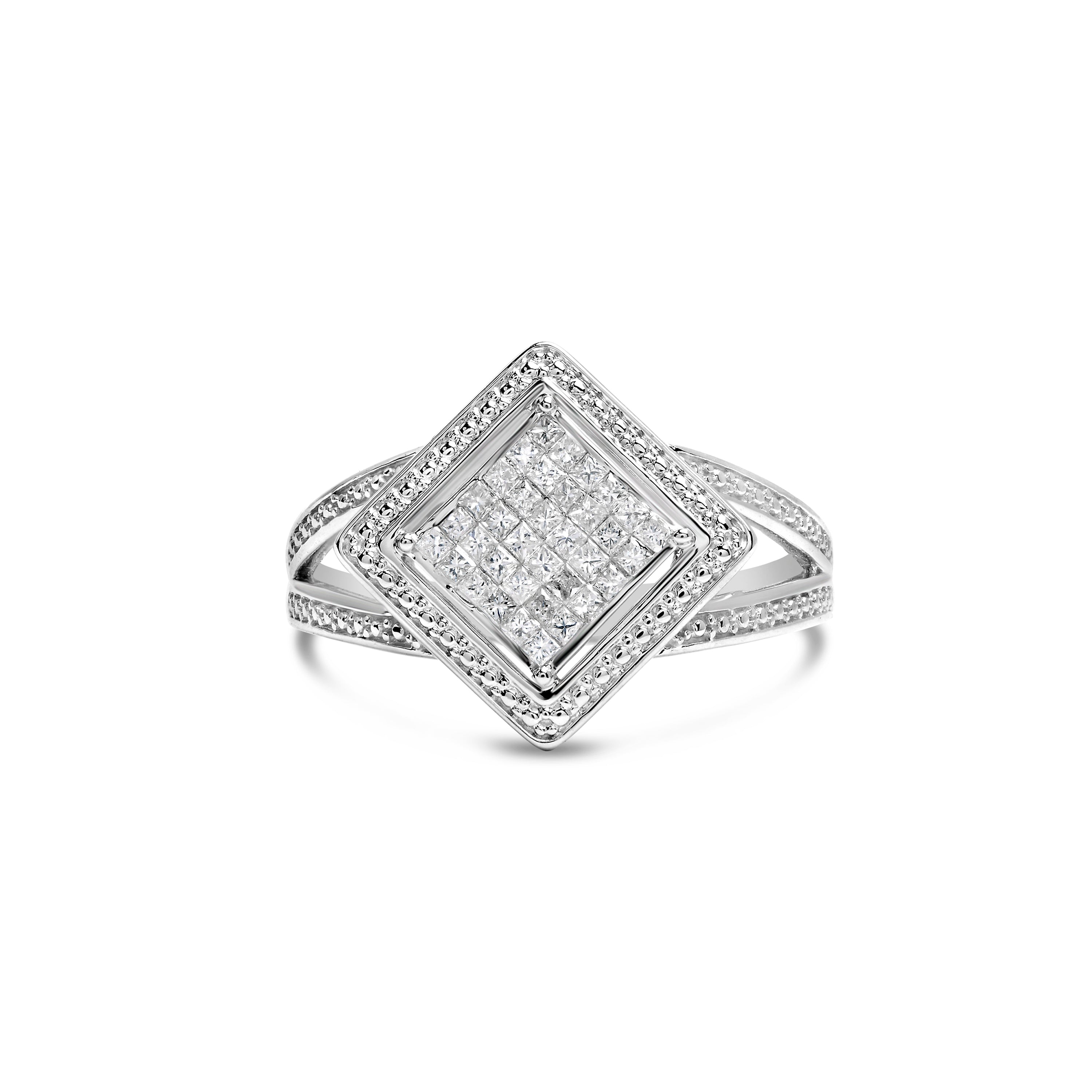 .925 Sterling Silver 1/3 Cttw Invisible Set Princess-Cut Diamond Rhombus and Beaded Halo Ring H-I Color, SI1-SI2 Clarity - Ring Size 7 on sale at MyriadMart