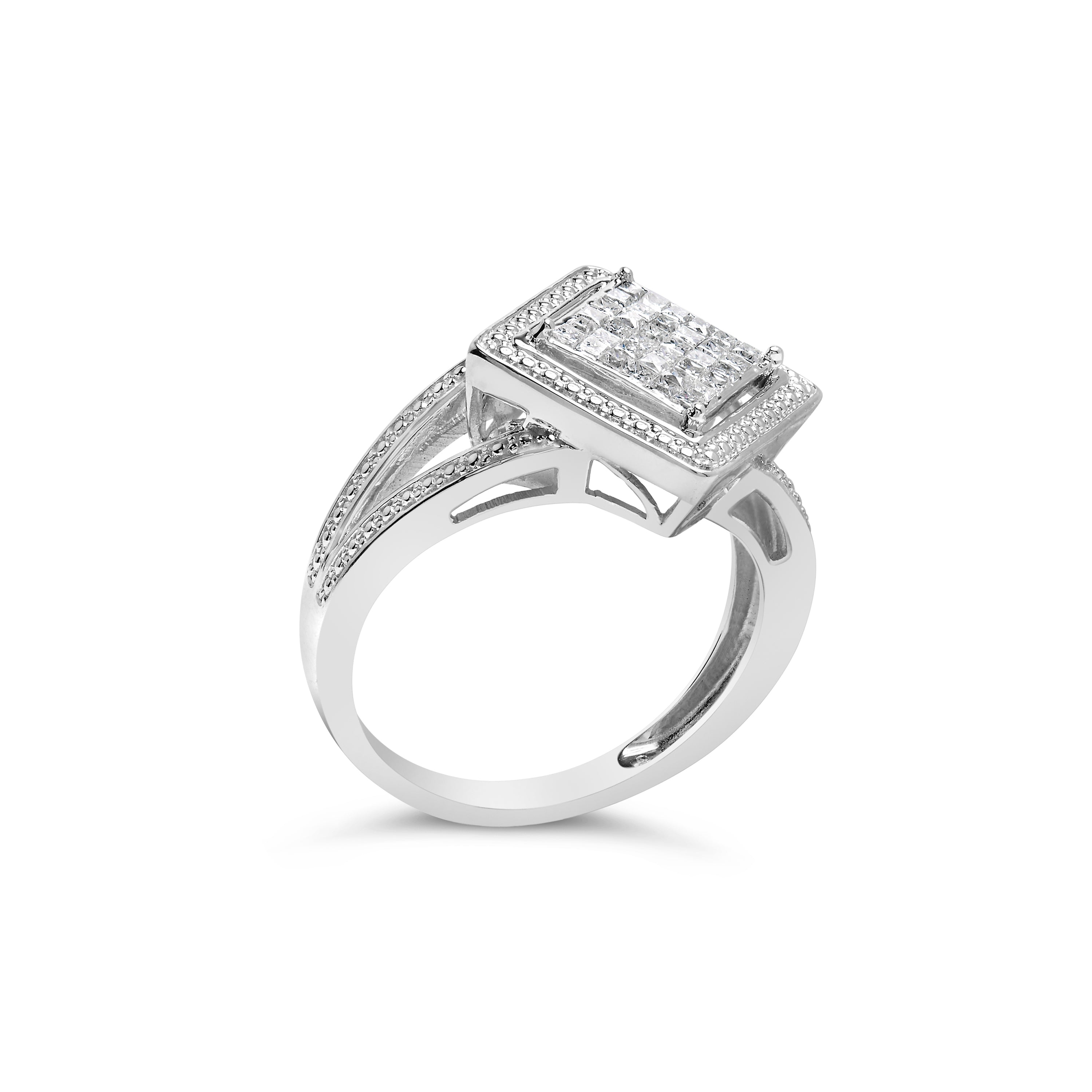 .925 Sterling Silver 1/3 Cttw Invisible Set Princess-Cut Diamond Rhombus and Beaded Halo Ring H-I Color, SI1-SI2 Clarity - Ring Size 7 on sale at MyriadMart