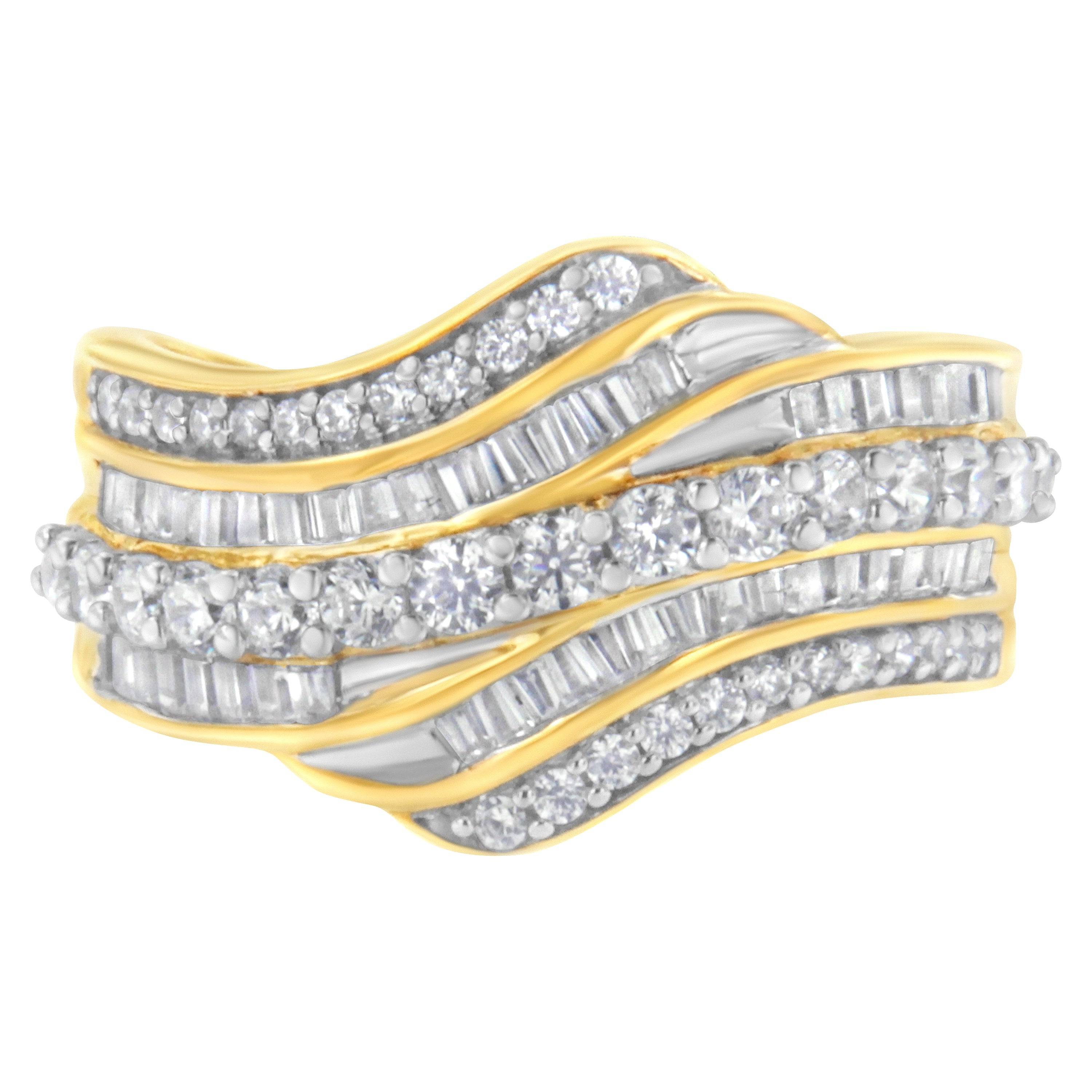 10K Yellow Gold 1.0 Cttw Baguette and Round Diamond Multi-Row Wave Bypass Ring I-J Color, I1-I2 Clarity - Ring Size 7 on sale at MyriadMart