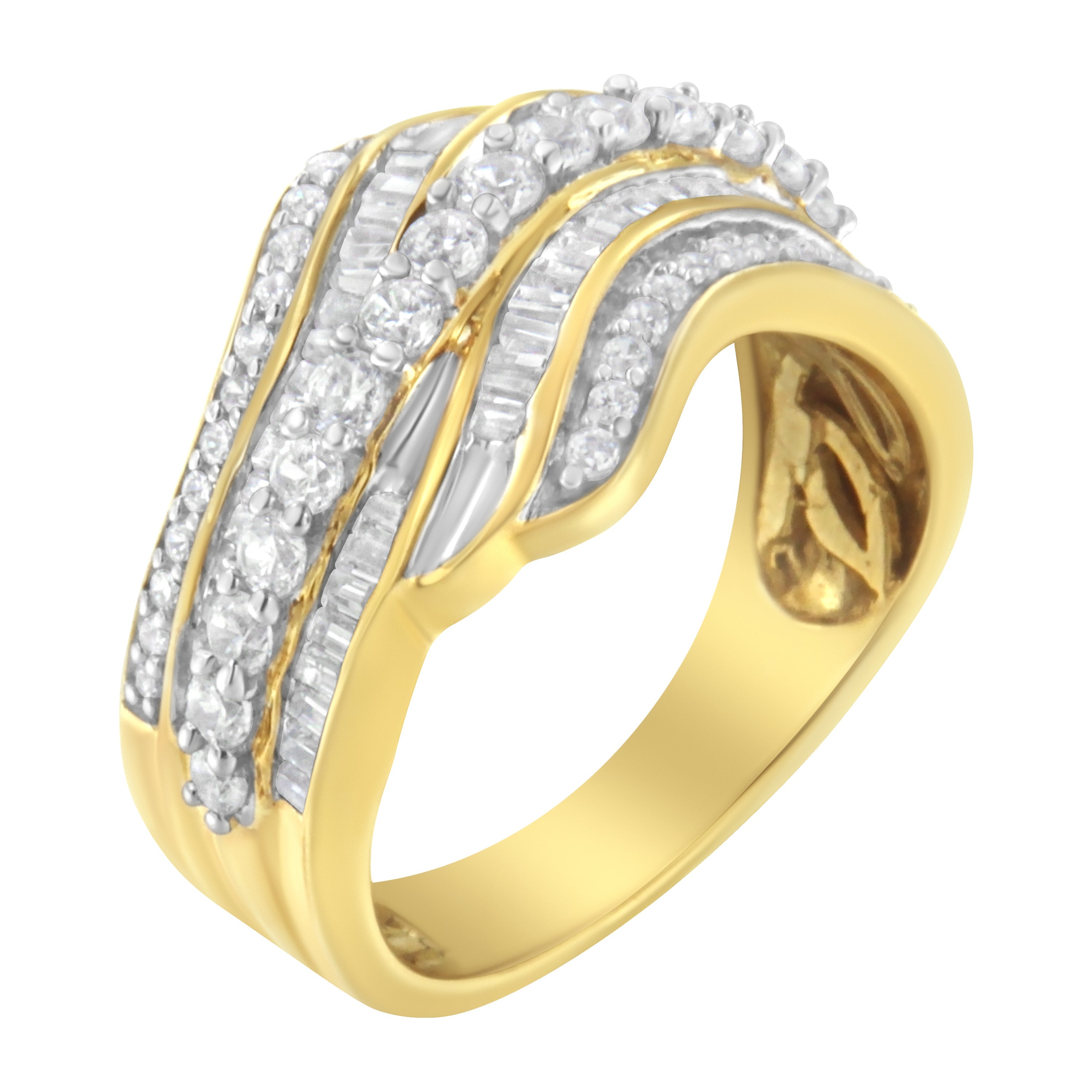 10K Yellow Gold 1.0 Cttw Baguette and Round Diamond Multi-Row Wave Bypass Ring I-J Color, I1-I2 Clarity - Ring Size 7 on sale at MyriadMart
