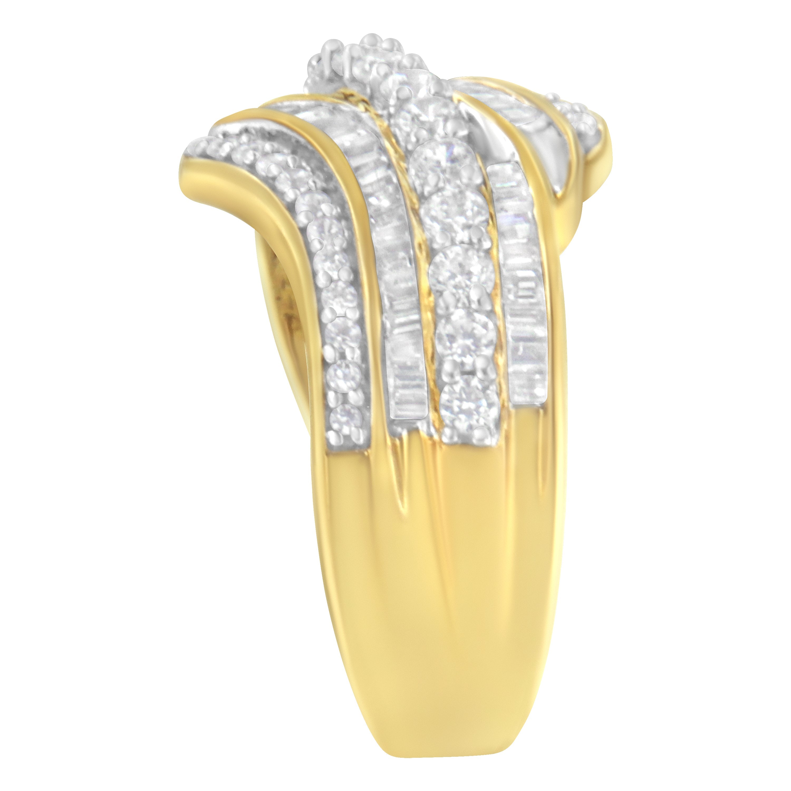 10K Yellow Gold 1.0 Cttw Baguette and Round Diamond Multi-Row Wave Bypass Ring I-J Color, I1-I2 Clarity - Ring Size 7 on sale at MyriadMart
