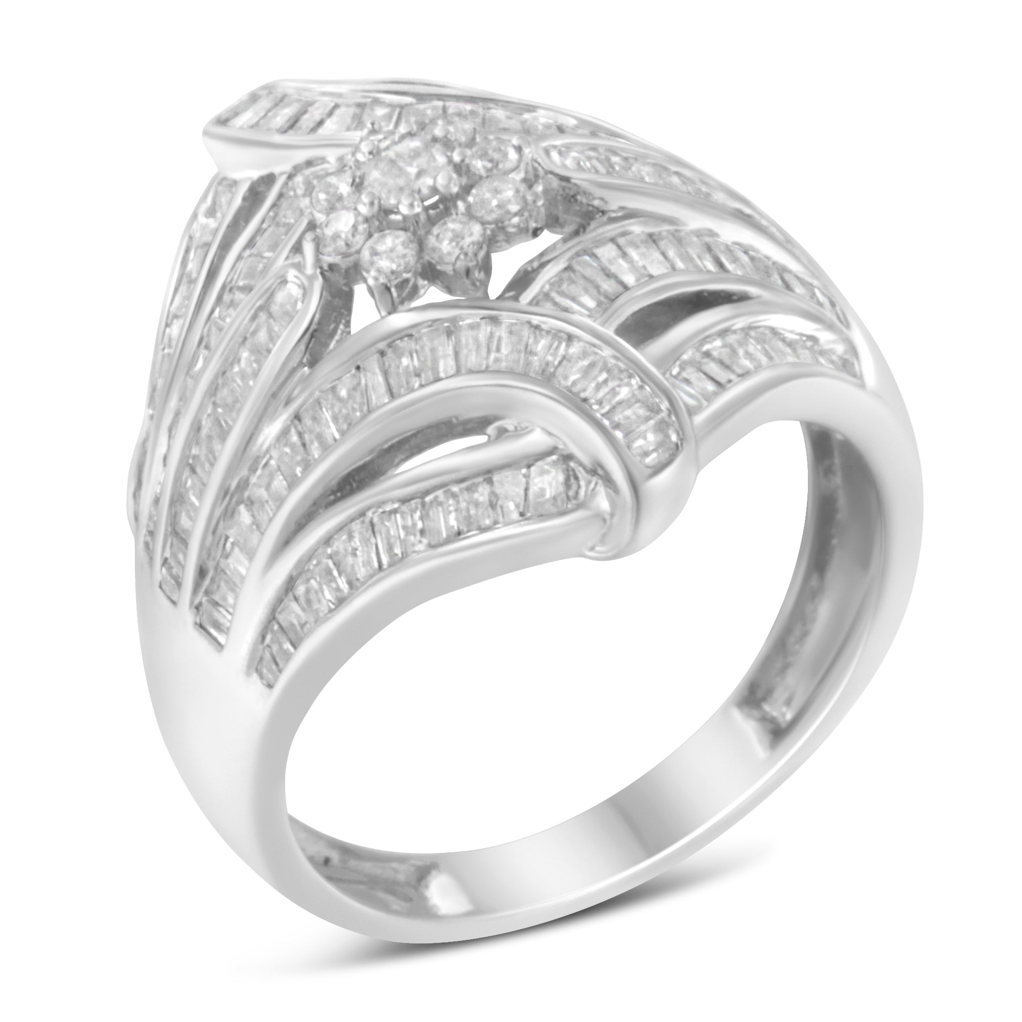 .925 Sterling Silver 1-1/8 Cttw Round & Baguette Diamond 'Flower & Fern' Cluster Cocktail Fashion Ring I-J Color, I2-I3 Clarity - Size 6 on sale at MyriadMart