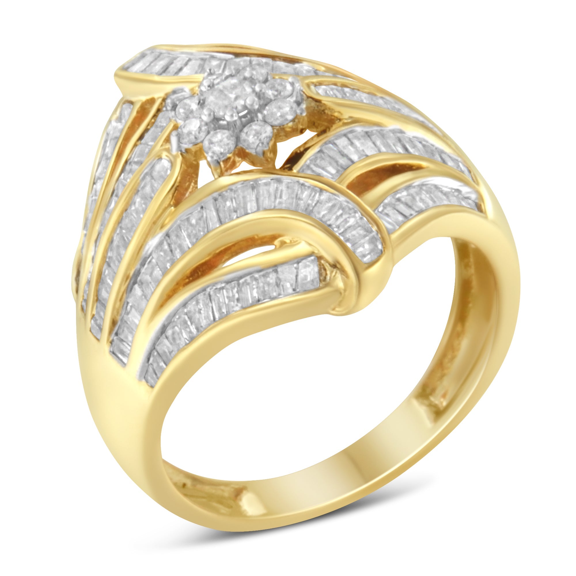 10K Yellow Gold Flashed .925 Sterling Silver 1-1/8 Cttw Round & Baguette Diamond 'Flower & Fern' Cluster Cocktail Fashion Ring I-J Color, I2-I3 Clarity - Size 6 on sale at MyriadMart