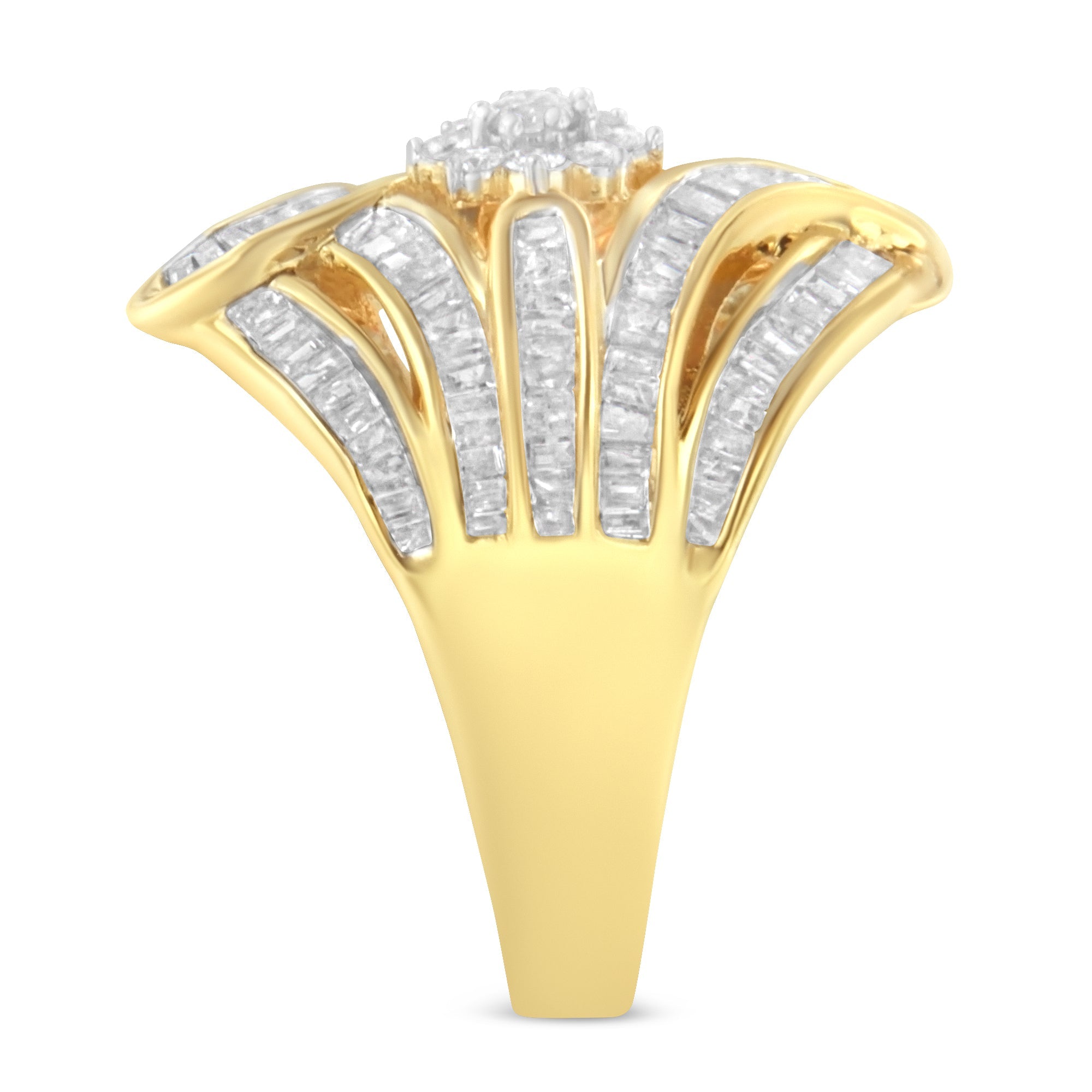 10K Yellow Gold Flashed .925 Sterling Silver 1-1/8 Cttw Round & Baguette Diamond 'Flower & Fern' Cluster Cocktail Fashion Ring I-J Color, I2-I3 Clarity - Size 6 on sale at MyriadMart