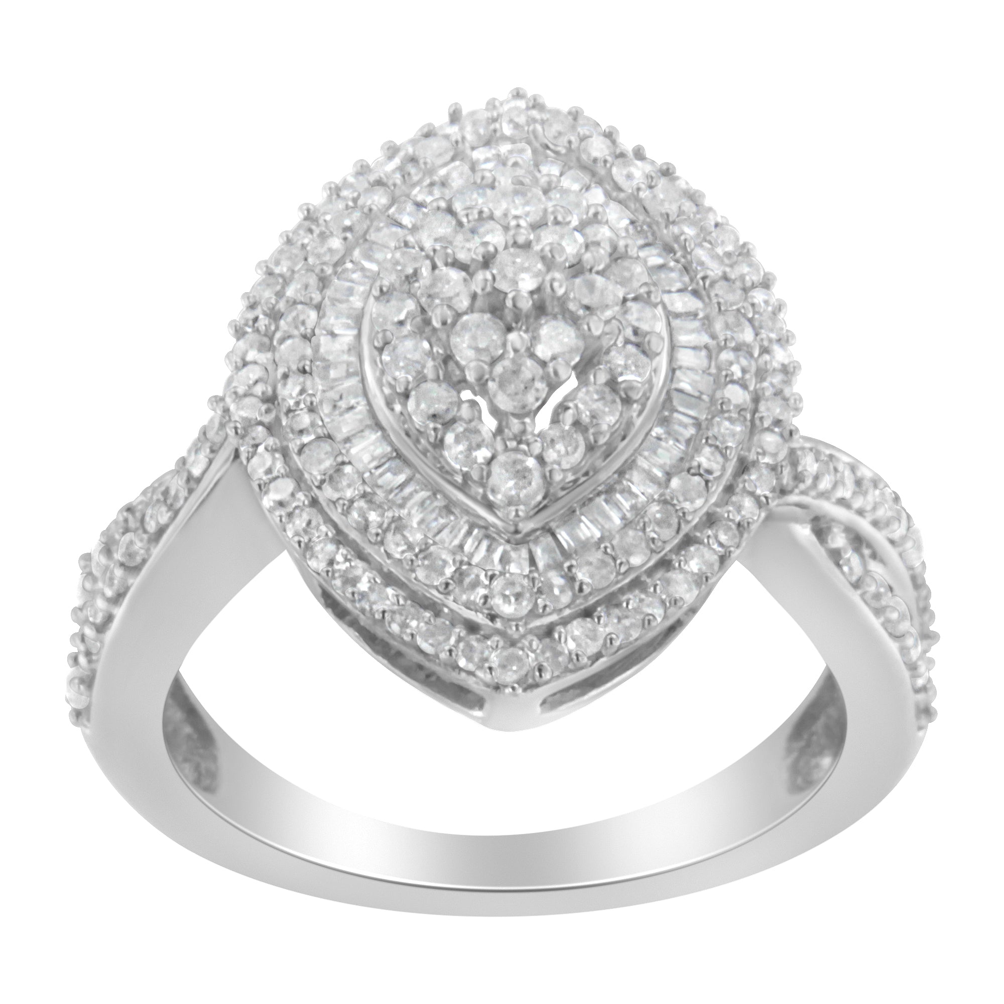 .925 Sterling Silver 1.0 Cttw Round & Baguette-Cut Diamond Marquise-Shaped Cluster Triple Stepped Halo Cocktail Fashion Ring I-J Color, I2-I3 Clarity - Size 7 on sale at MyriadMart