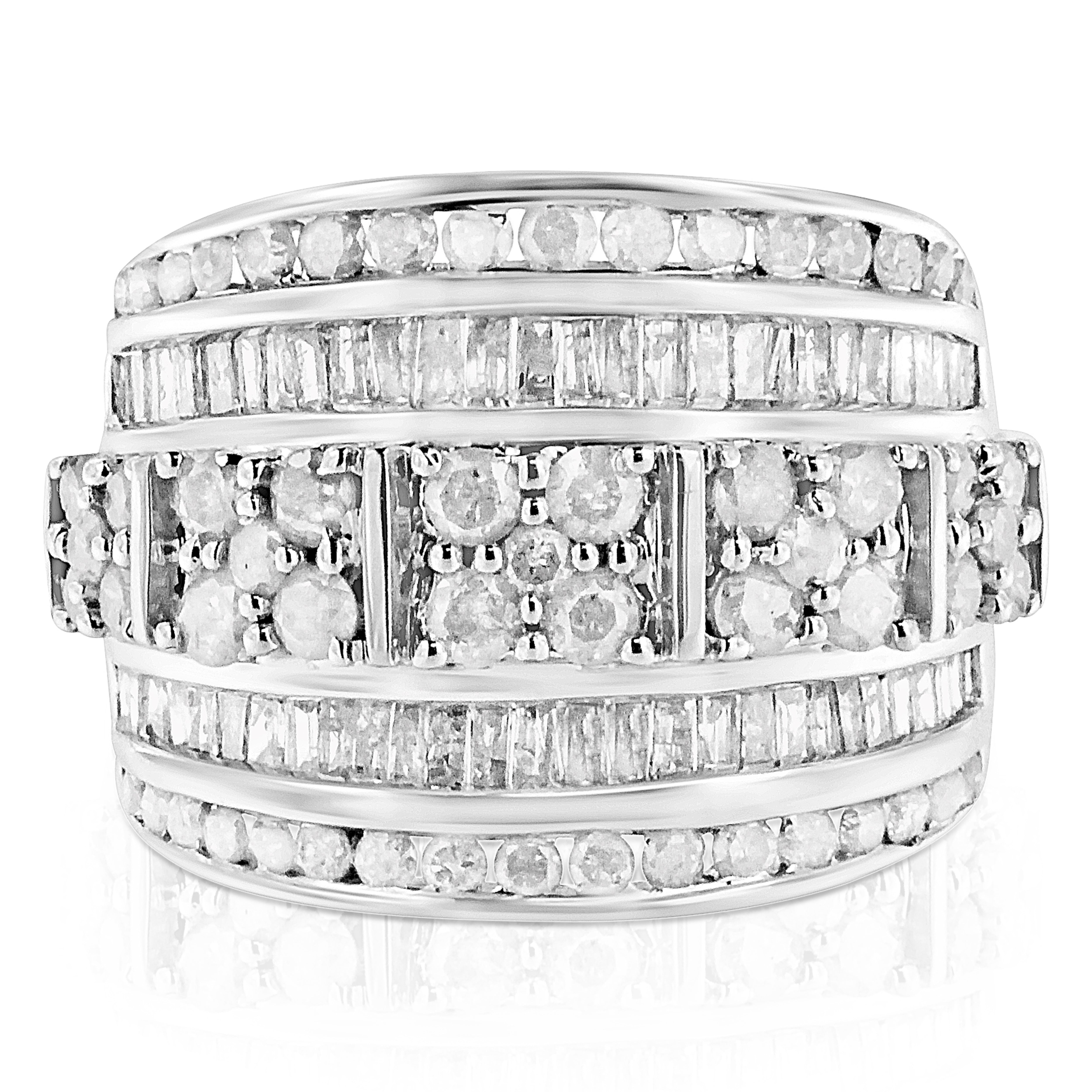 .925 Sterling Silver 2.0 Cttw Round & Baguette Cut Diamond Multi-Row Channel Set Tapered Cocktail Fashion Ring I-J Color, I3 Clarity - Size 7 on sale at MyriadMart