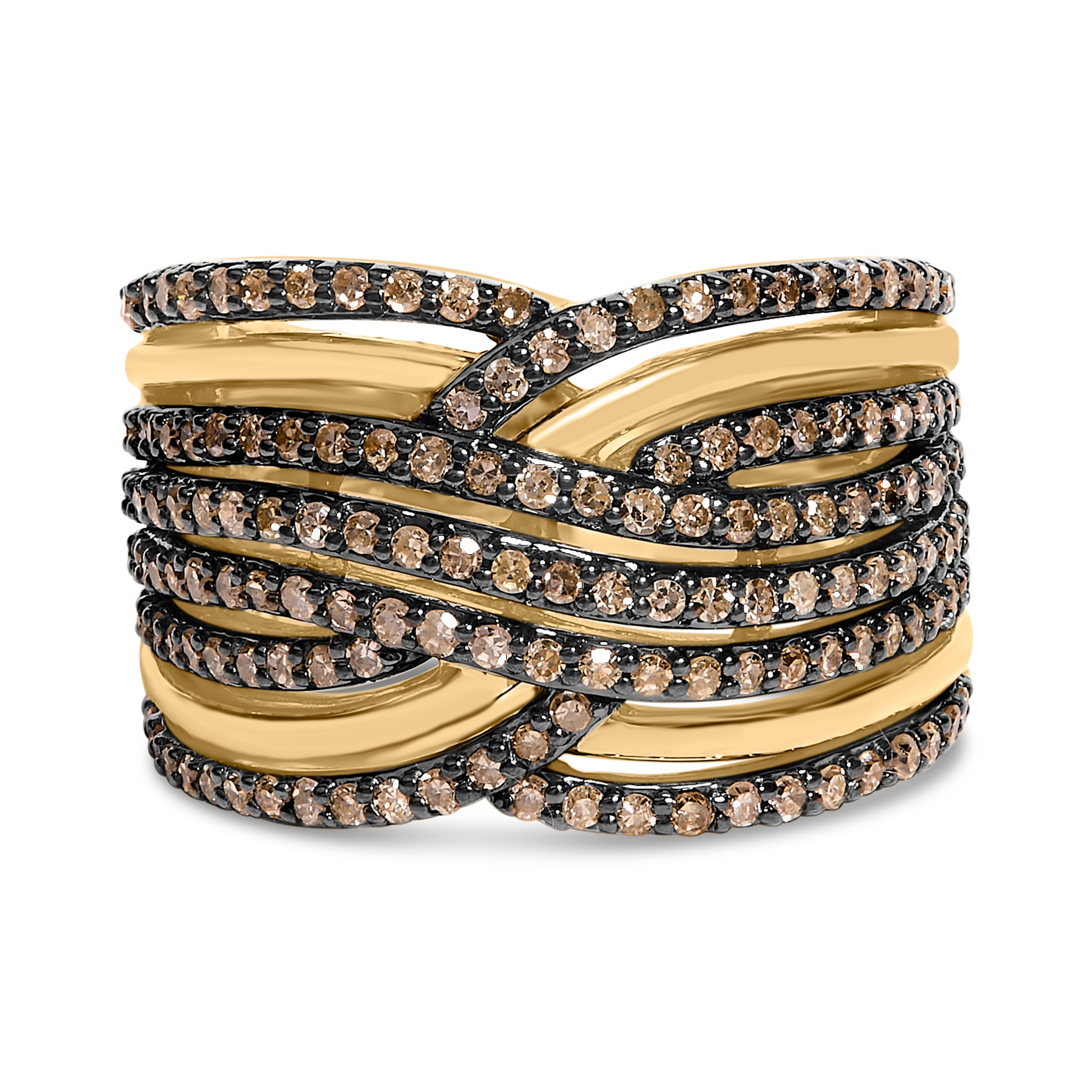 10K Yellow Gold Plated .925 Sterling Silver 1.0 Cttw Champagne Diamond Multi Row Cross Over Band Ring - Size 7 on sale at MyriadMart