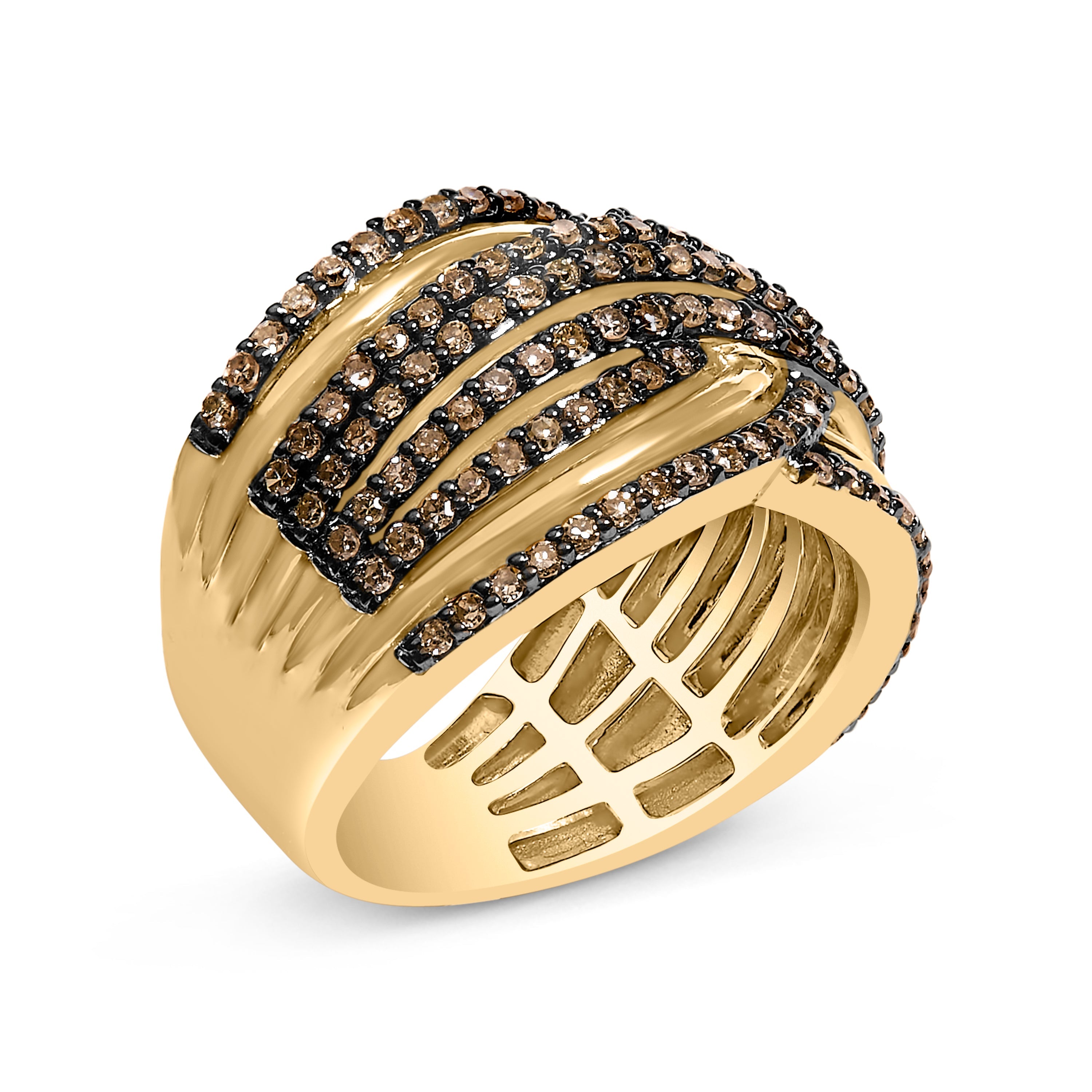 10K Yellow Gold Plated .925 Sterling Silver 1.0 Cttw Champagne Diamond Multi Row Cross Over Band Ring - Size 7 on sale at MyriadMart