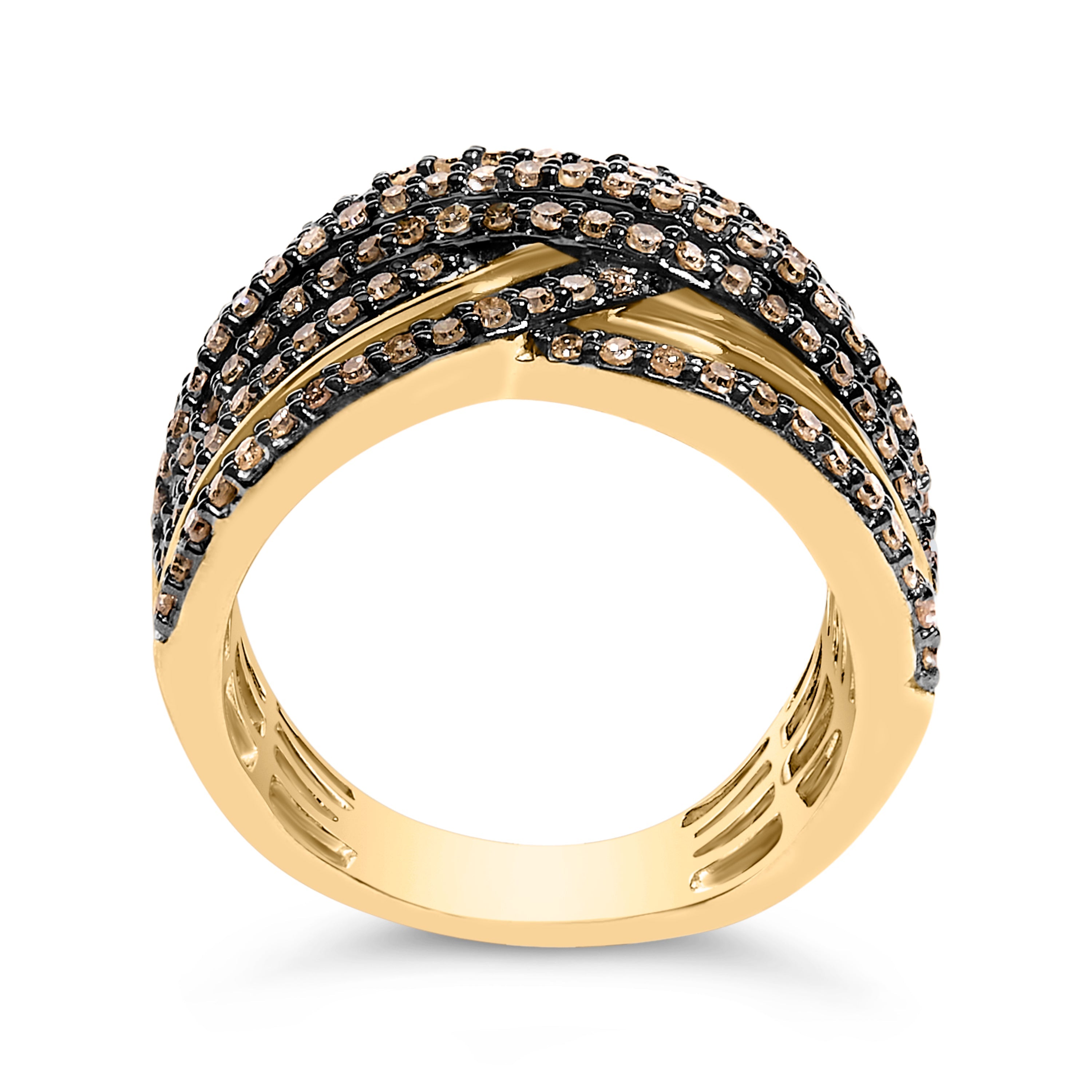 10K Yellow Gold Plated .925 Sterling Silver 1.0 Cttw Champagne Diamond Multi Row Cross Over Band Ring - Size 7 on sale at MyriadMart
