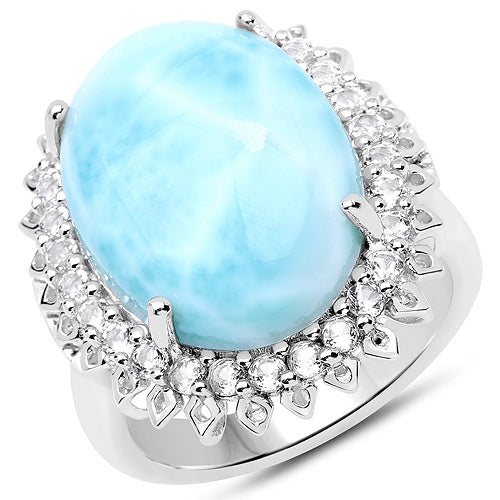 17.62 Carat Genuine Larimar and White Topaz .925 Sterling Silver Ring on sale at MyriadMart