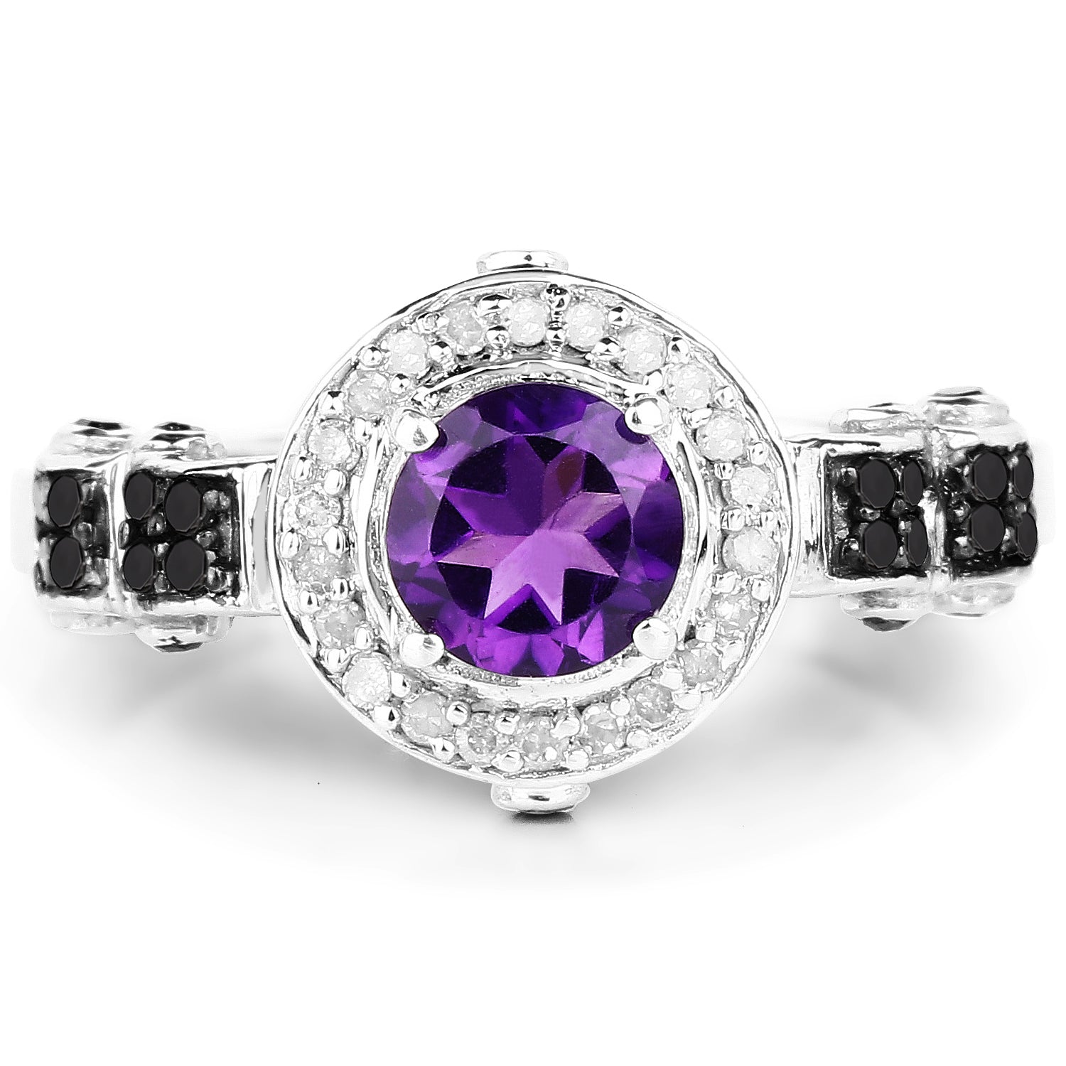 1.02 Carat Genuine Amethyst, Black Diamond & White Diamond .925 Sterling Silver Ring on sale at MyriadMart