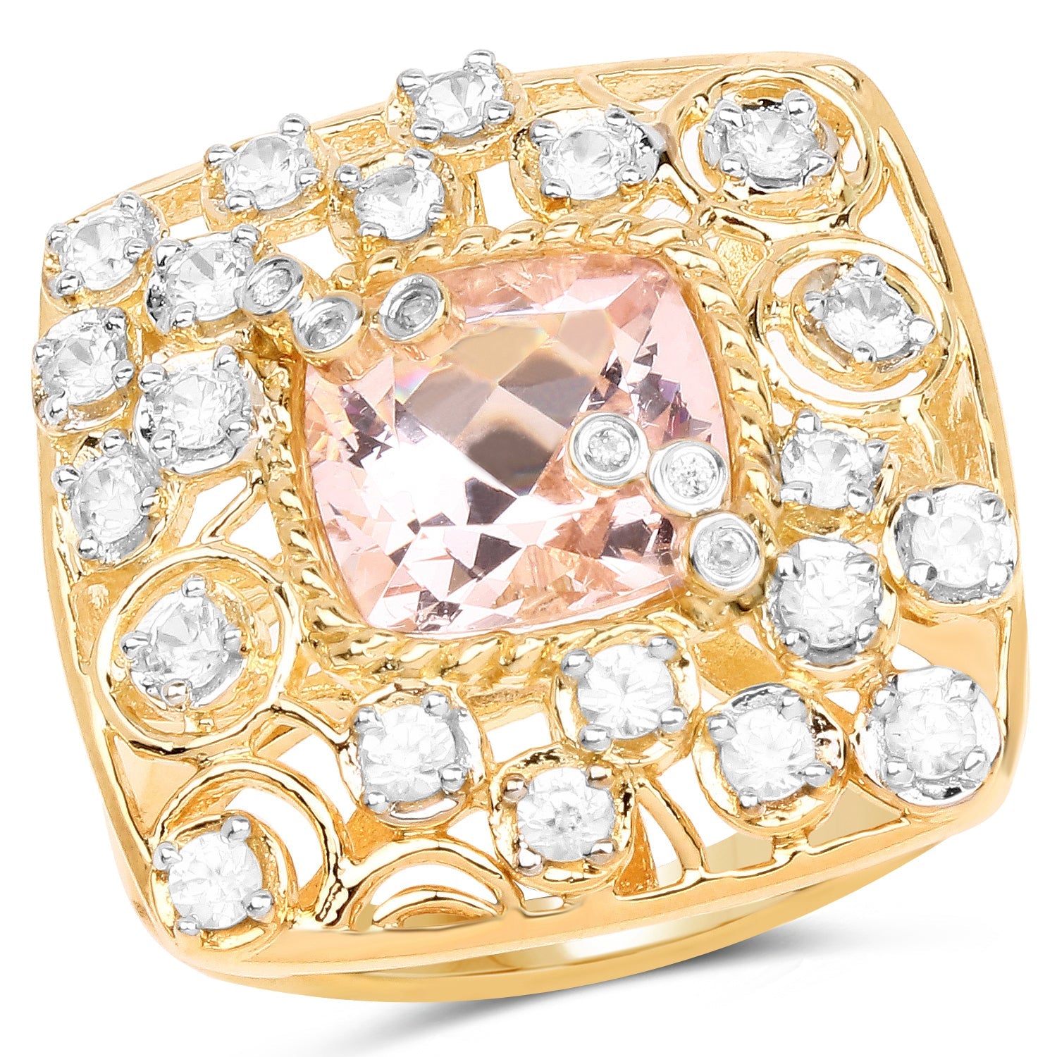 14K Yellow Gold Plated 3.33 Carat Synthartic Morganite and White Topaz .925 Sterling Silver Ring on sale at MyriadMart