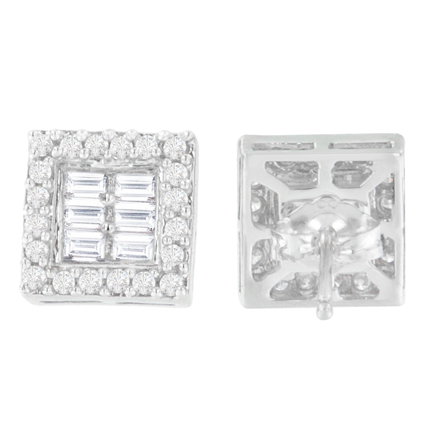 14K White Gold 1 cttw Round and Baguette Diamond Stud Earrings H-I, SI1-SI2 on sale at MyriadMart