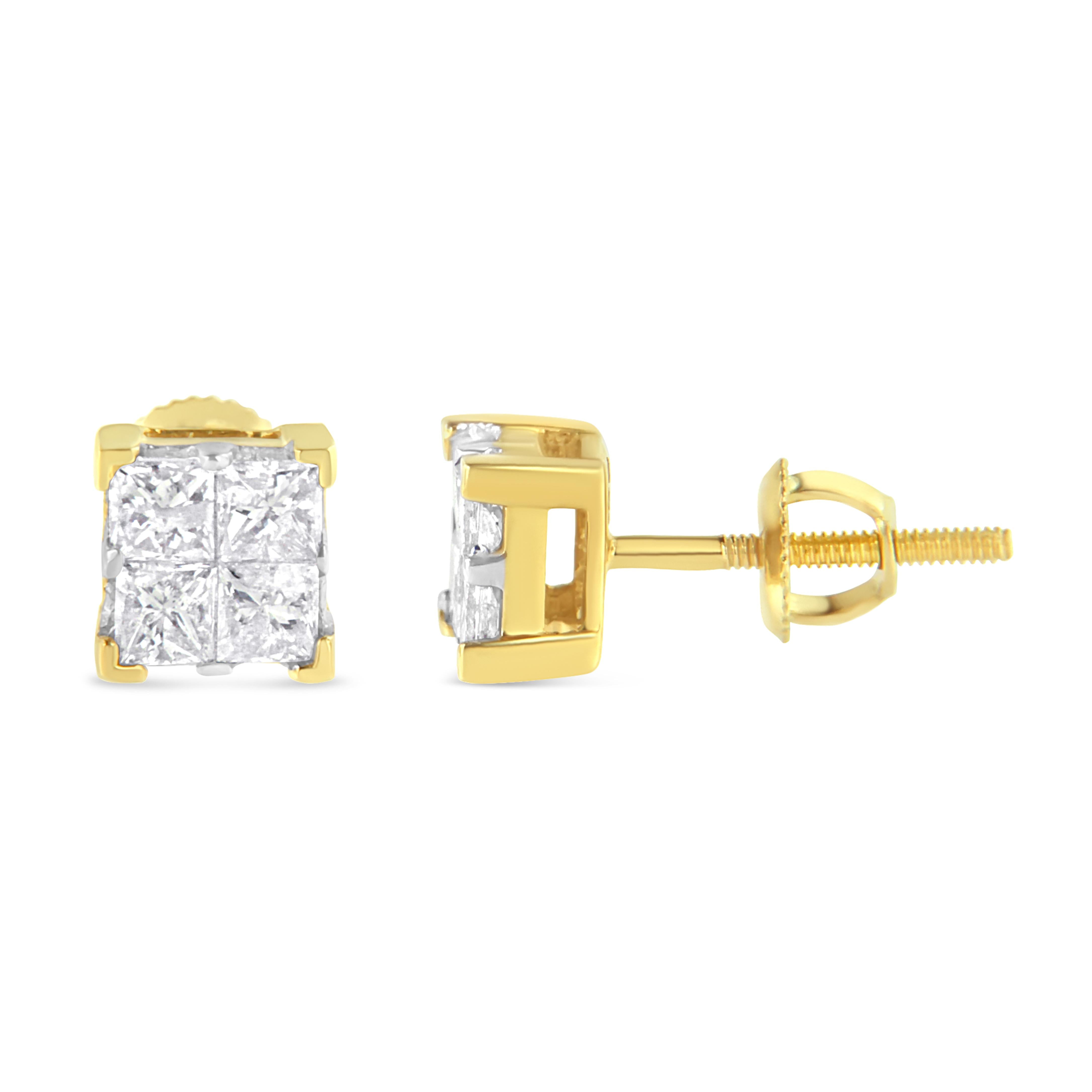 10K Yellow Gold 3/4 Cttw Invisible Set Princess-Cut Diamond Composite Square Stud Earrings I-J Color, I2-I3 Clarity on sale at MyriadMart