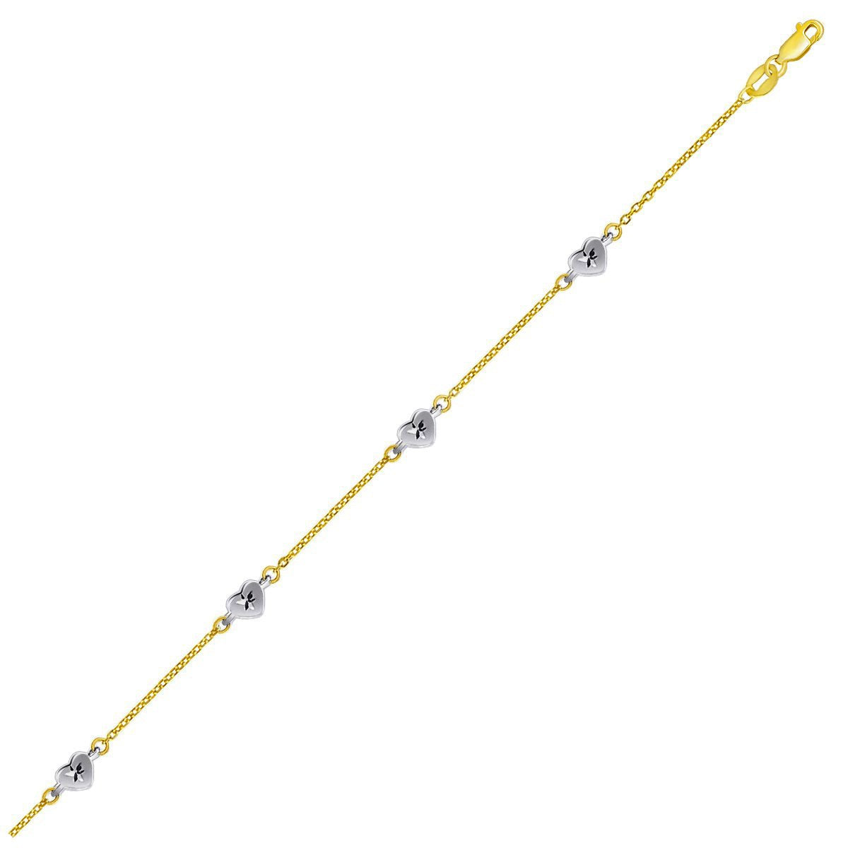 14k Two Tone Gold Anklet with Diamond Cut Heart Style Stations on sale at MyriadMart