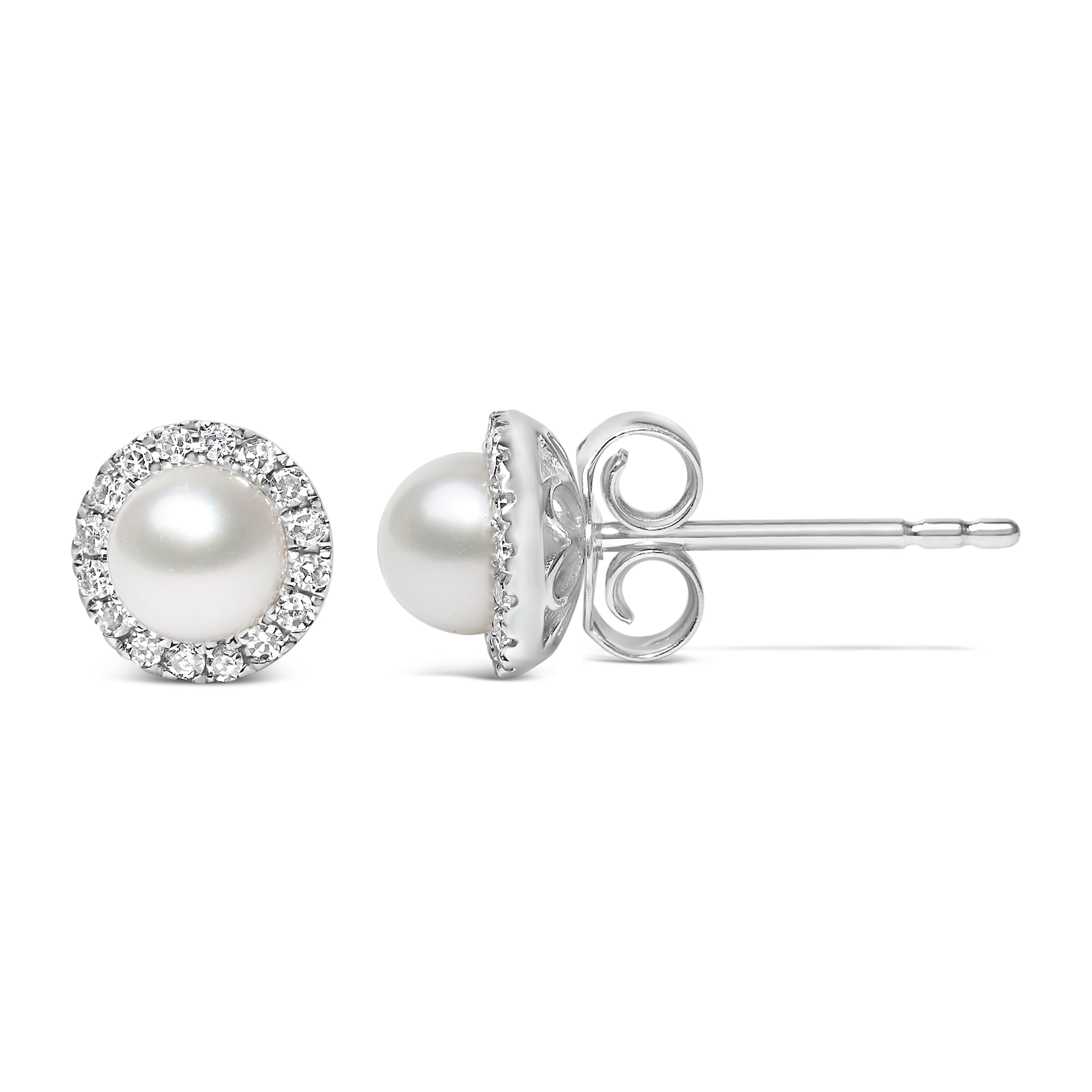 10K White Gold 4.5mm Cultured Freshwater Pearl and 1/7 Cttw Diamond Halo Stud Earring I-J Color, I1-I2 Clarity on sale at MyriadMart