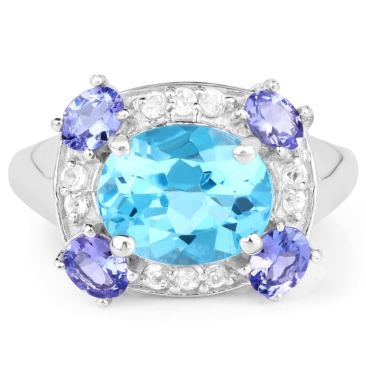 4.13 Carat Genuine Swiss Blue Topaz, Tanzanite & White Topaz .925 Sterling Silver Ring on sale at MyriadMart