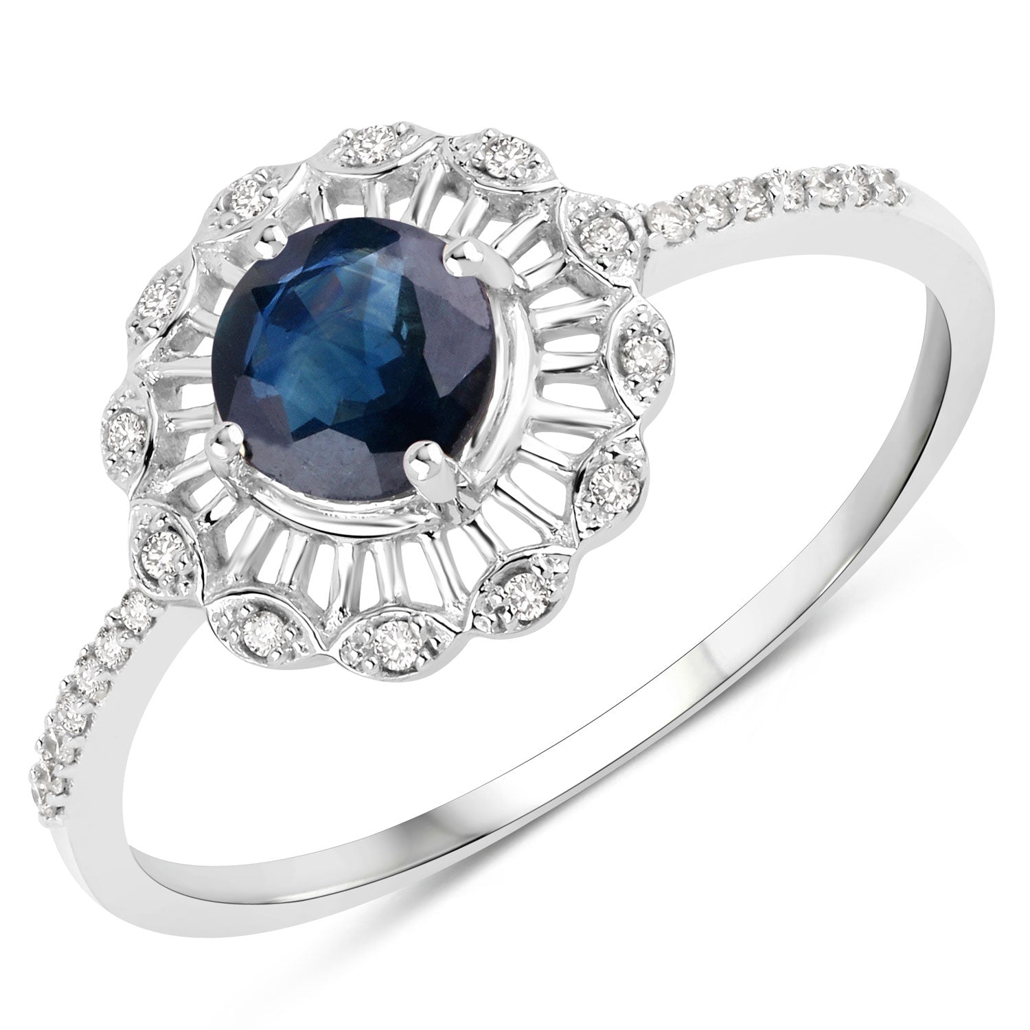 0.72 Carat Genuine Blue Sapphire and White Diamond 14K White Gold Ring on sale at MyriadMart