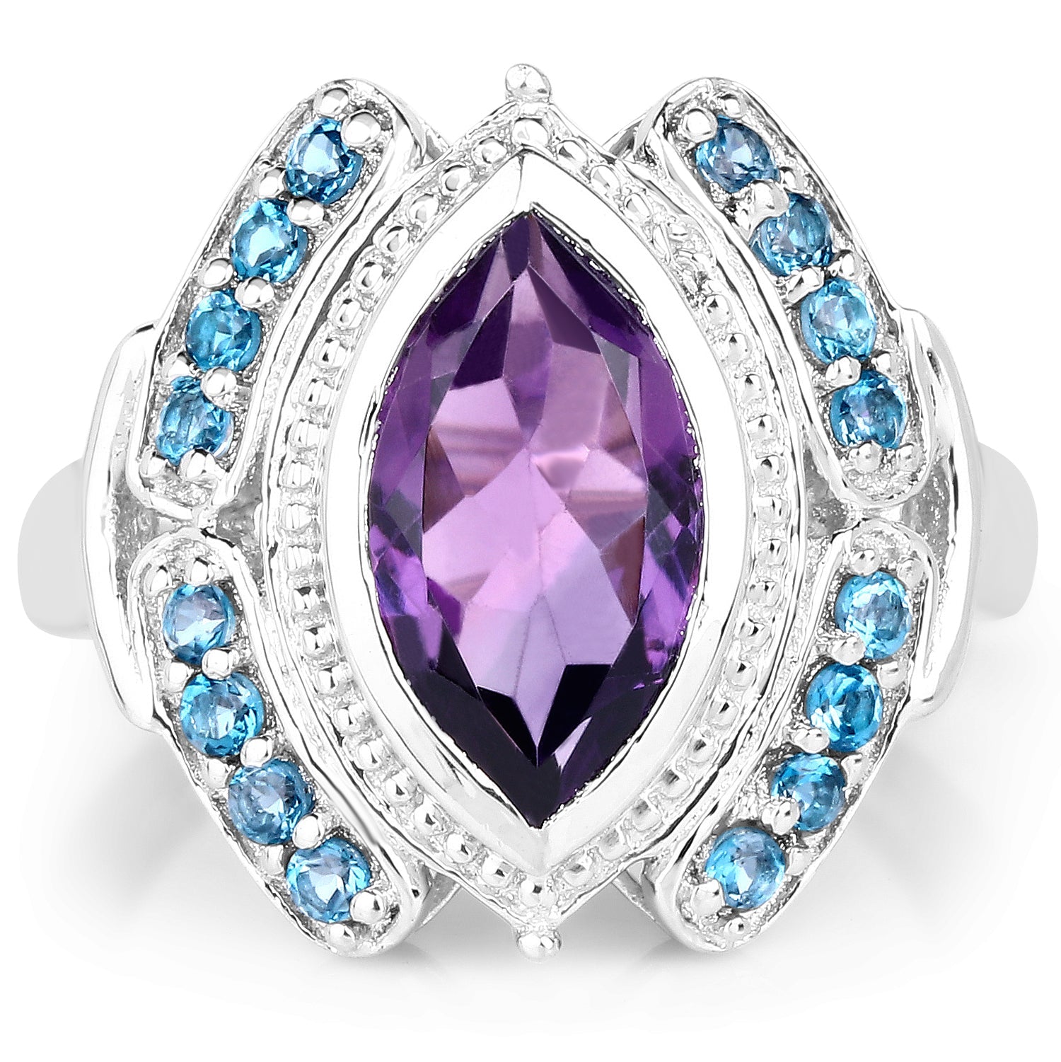 3.06 Carat Genuine Amethyst and London Blue Topaz .925 Sterling Silver Ring on sale at MyriadMart