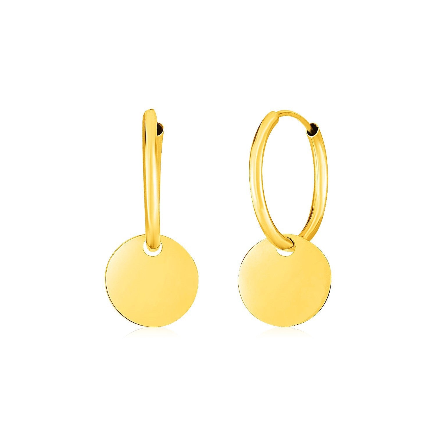 14k Yellow Gold Huggie Style Hoop Earrings with Circle Drops on sale at MyriadMart