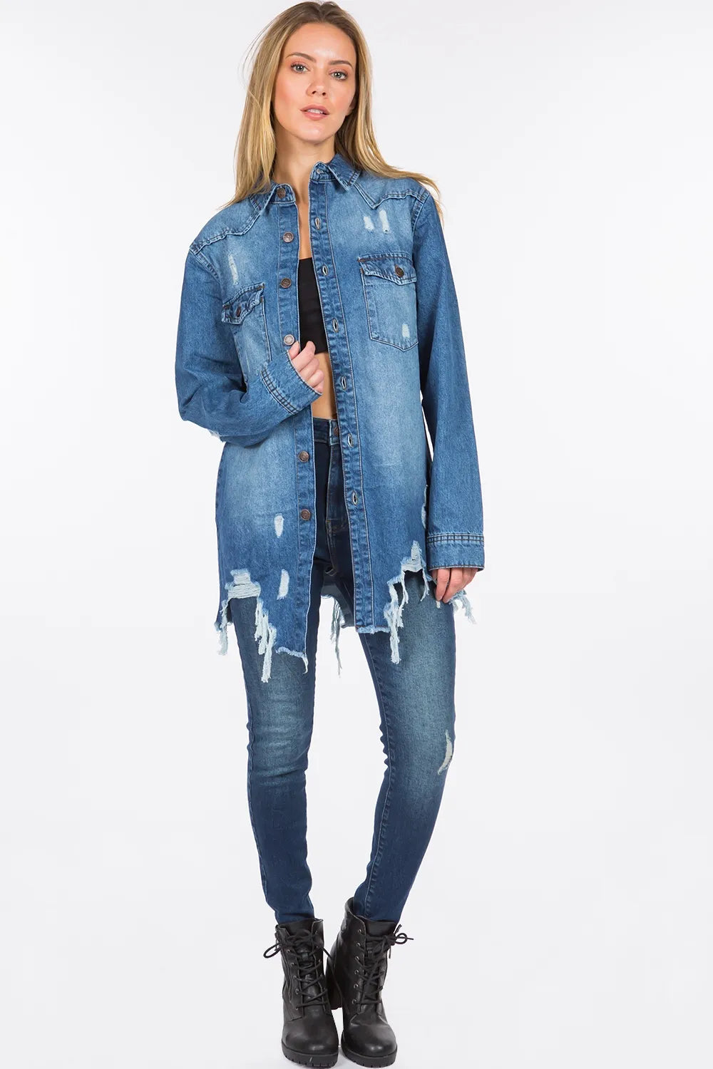American Bazi Distressed Frayed Hem Denim Jacket - MyriadMart