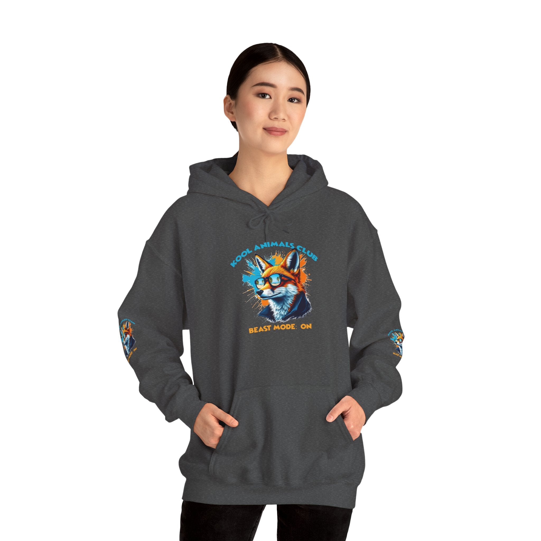 Kool Animals Club Hoodie with Cool Fox in Sunglasses and ‘Beast Mode On’ Design, Unisex Sweatshirt for Animal Lovers, Casual Streetwear, Perfect Gift for Holidays on sale at MyriadMart