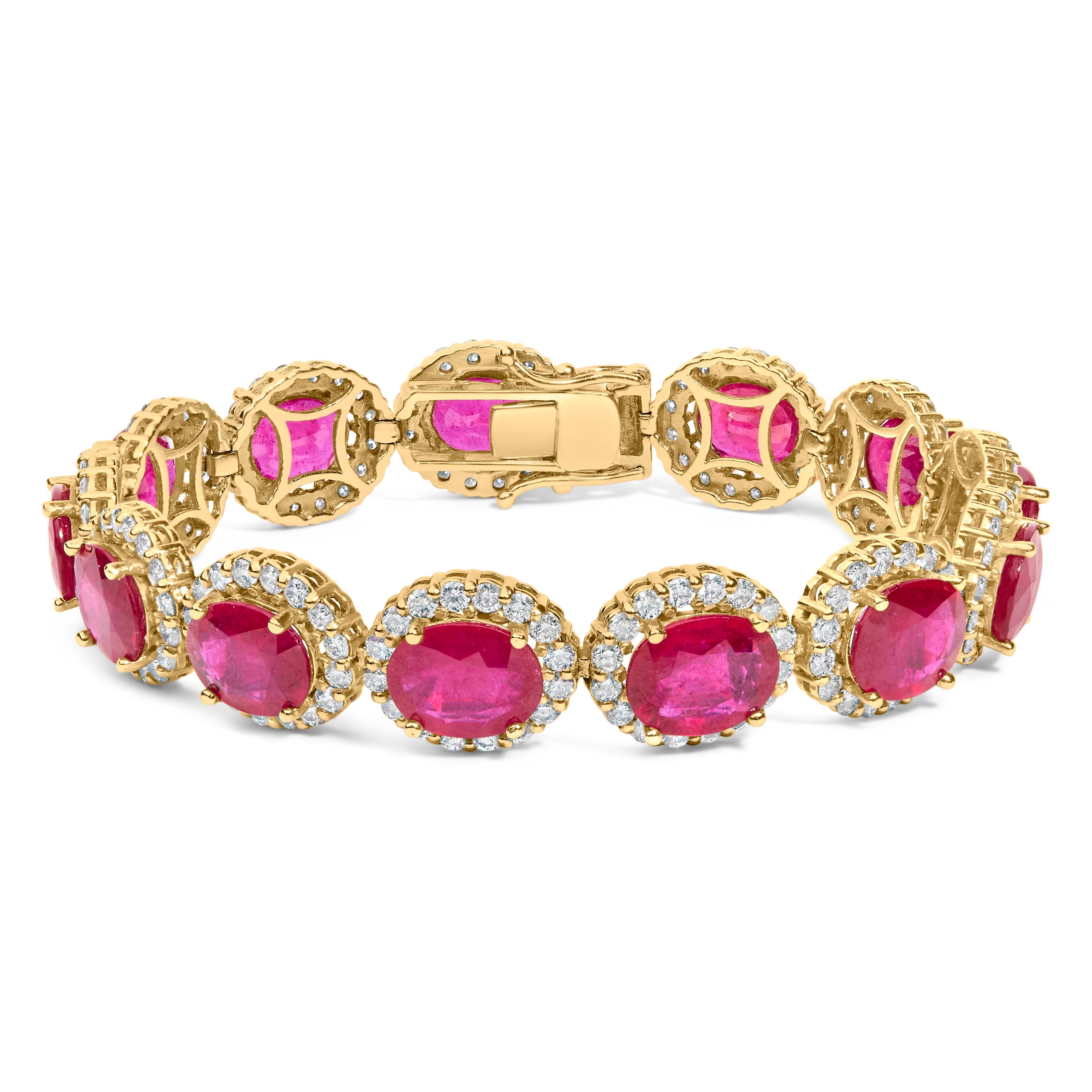 14K Yellow Gold 6 2/5 Cttw Diamond and 34.0 Cttw Oval Red Ruby Halo Link Bracelet I-J Color, SI1-SI2 Clarity - 7.25" Inches on sale at MyriadMart